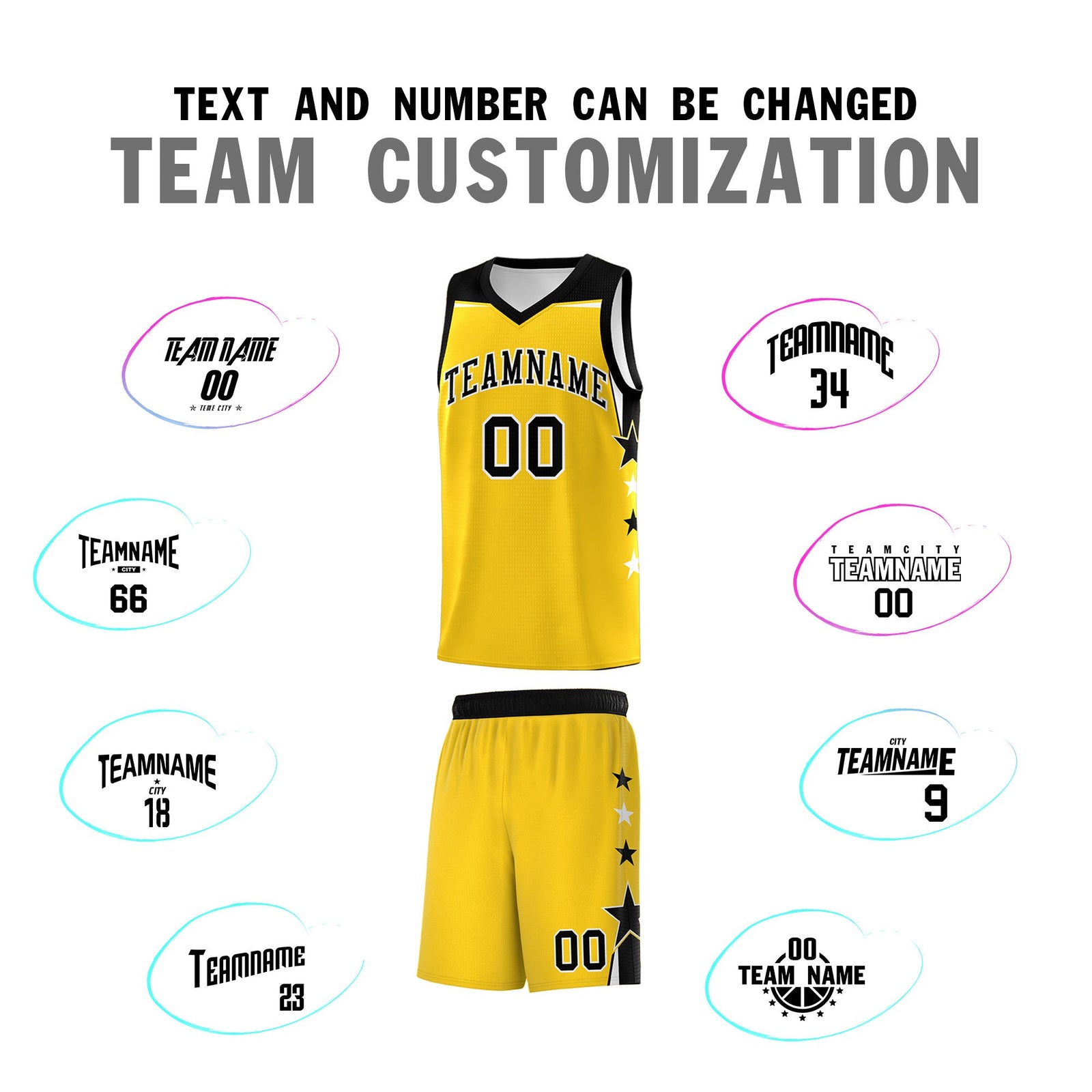 Custom Youth Basketball Uniform Gold Black Two Tone Side Star Personalized Team Jersey