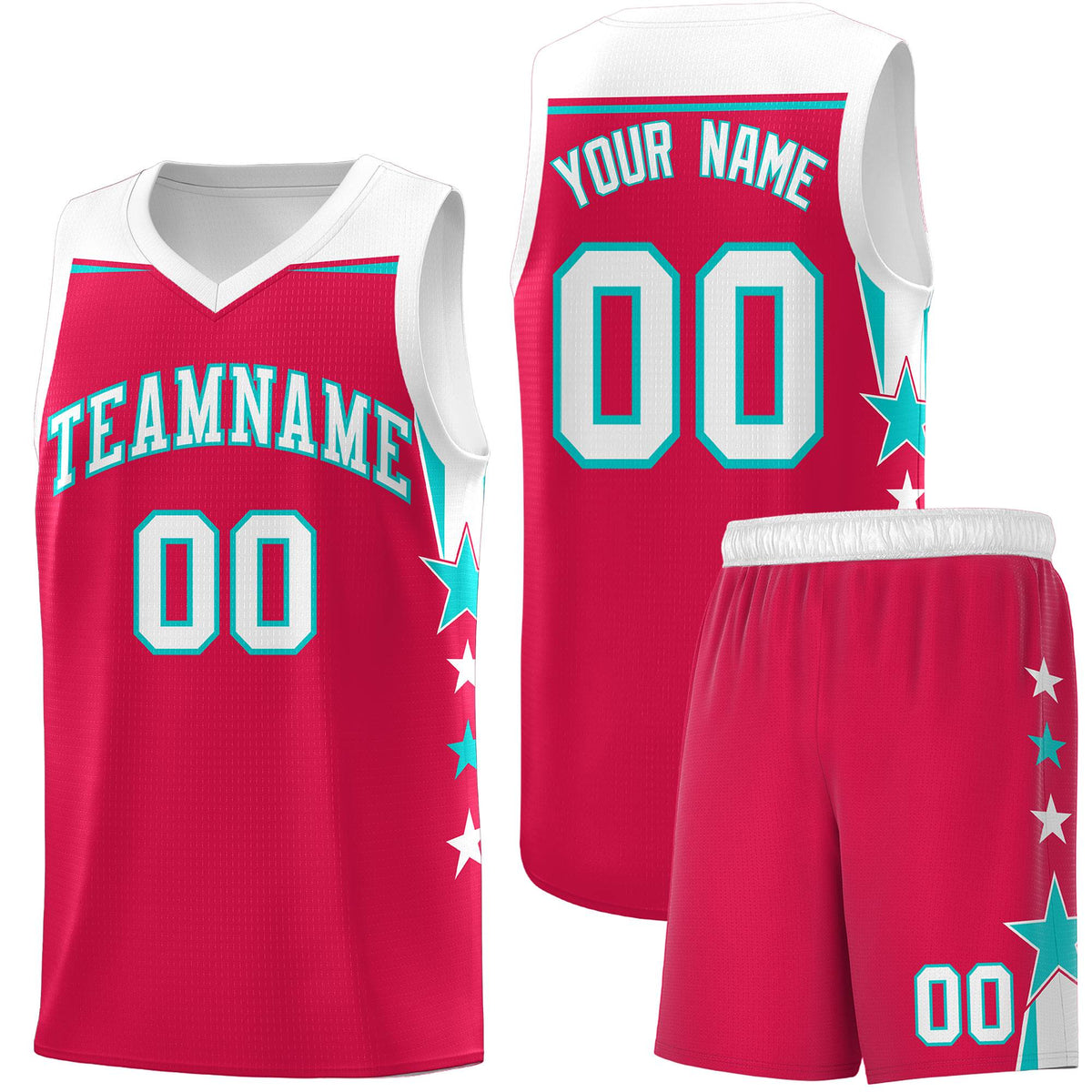 Custom Youth Basketball Uniform Red White Two Tone Side Star Add Name Number &amp; Logo