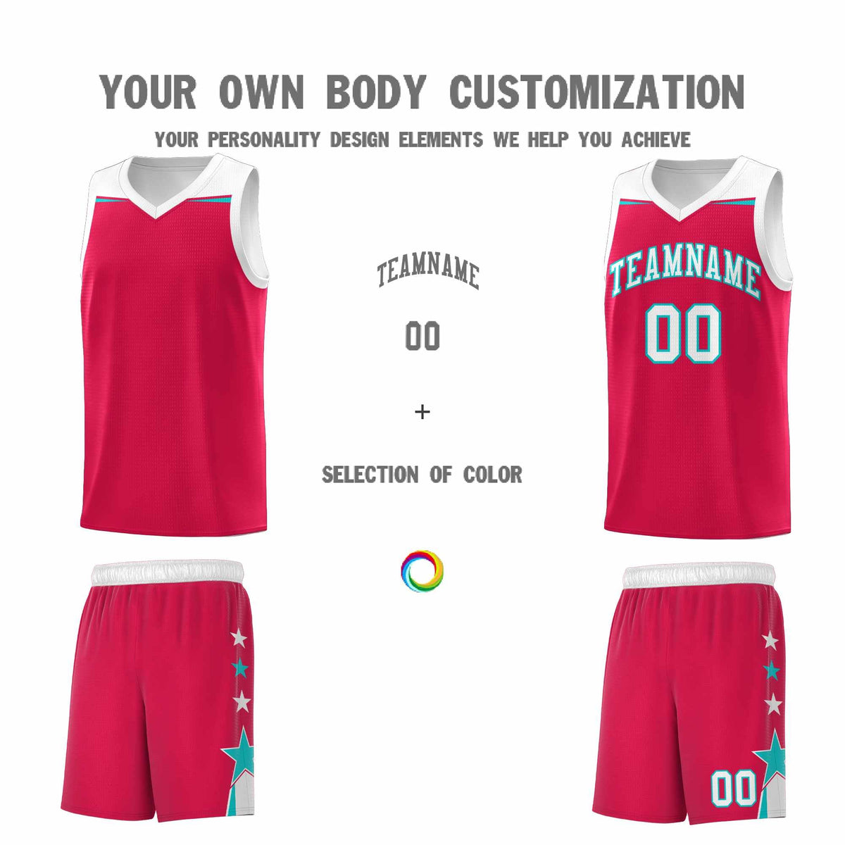 Custom Youth Basketball Uniform Red White Two Tone Side Star Add Name Number &amp; Logo