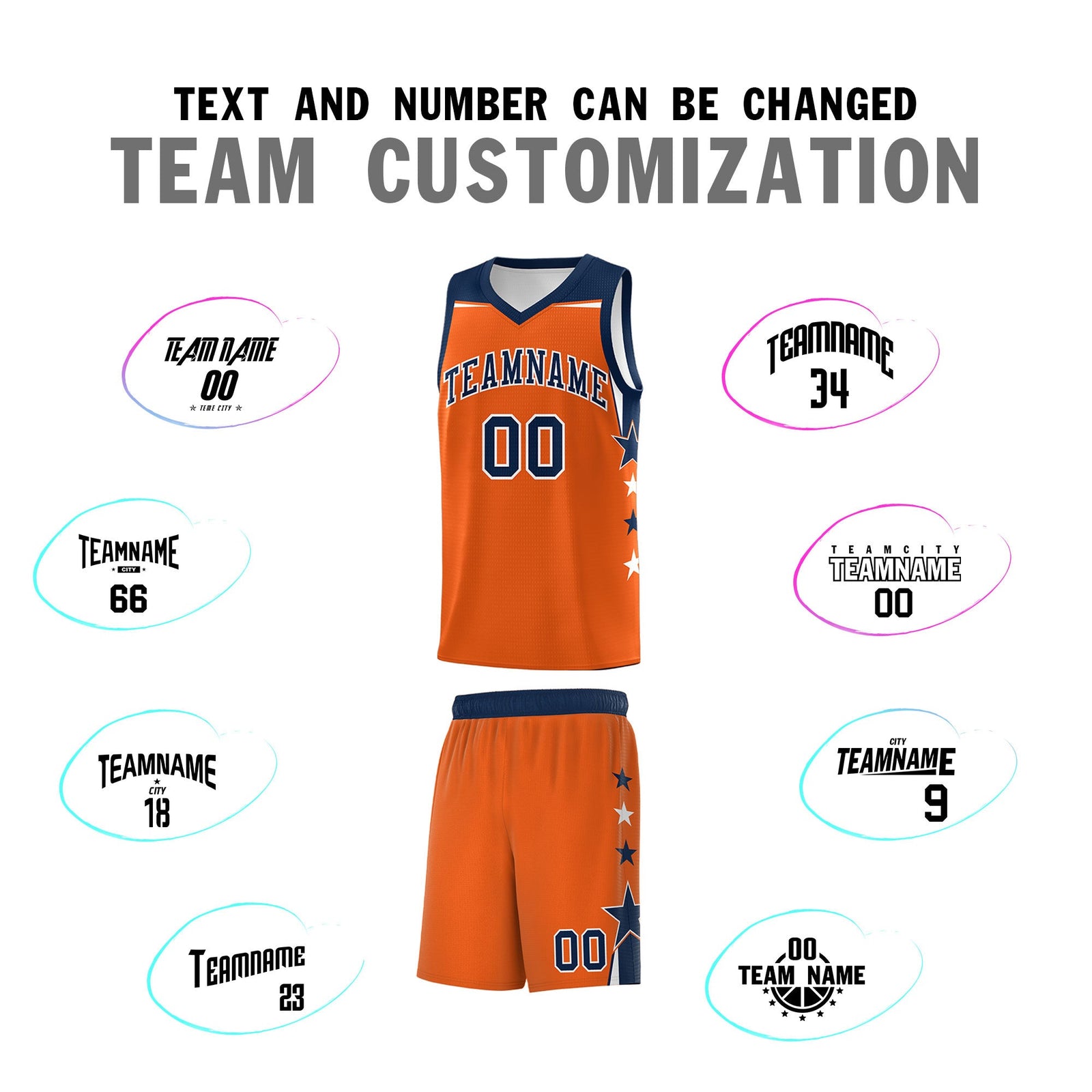 Custom Youth Basketball Uniform Orange Navy Two Tone Side Star Personalized Team Jersey