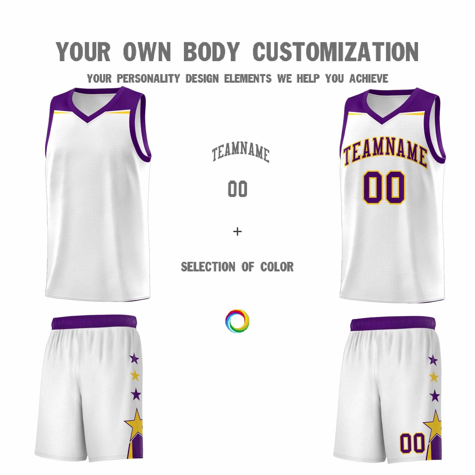 Custom Youth Basketball Uniform White Purple Two Tone Side Star Color Block Team Jersey