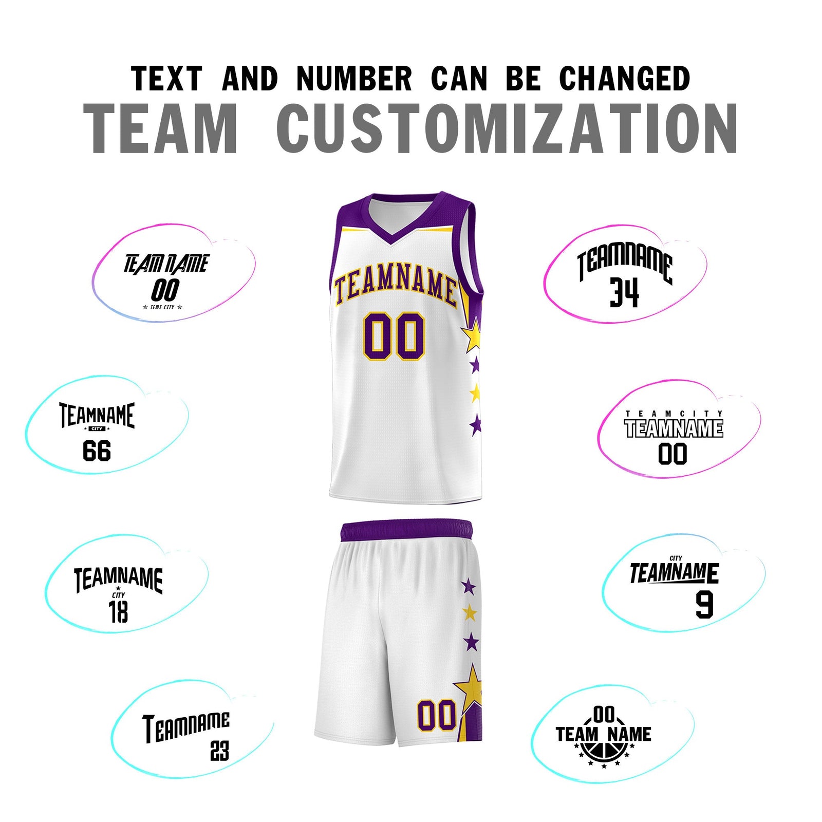 Custom Youth Basketball Uniform White Purple Two Tone Side Star Color Block Team Jersey