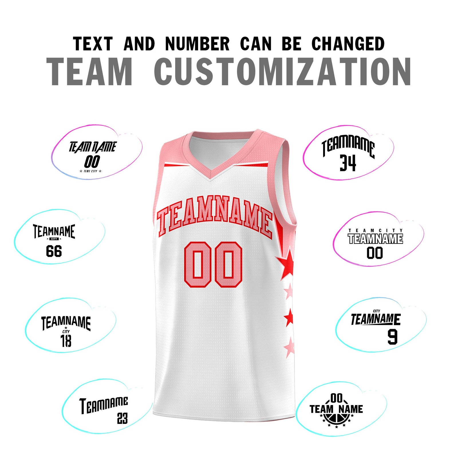 Custom Youth Basketball Uniform White Light Pink Two Tone Side Star Color Block Team Jersey