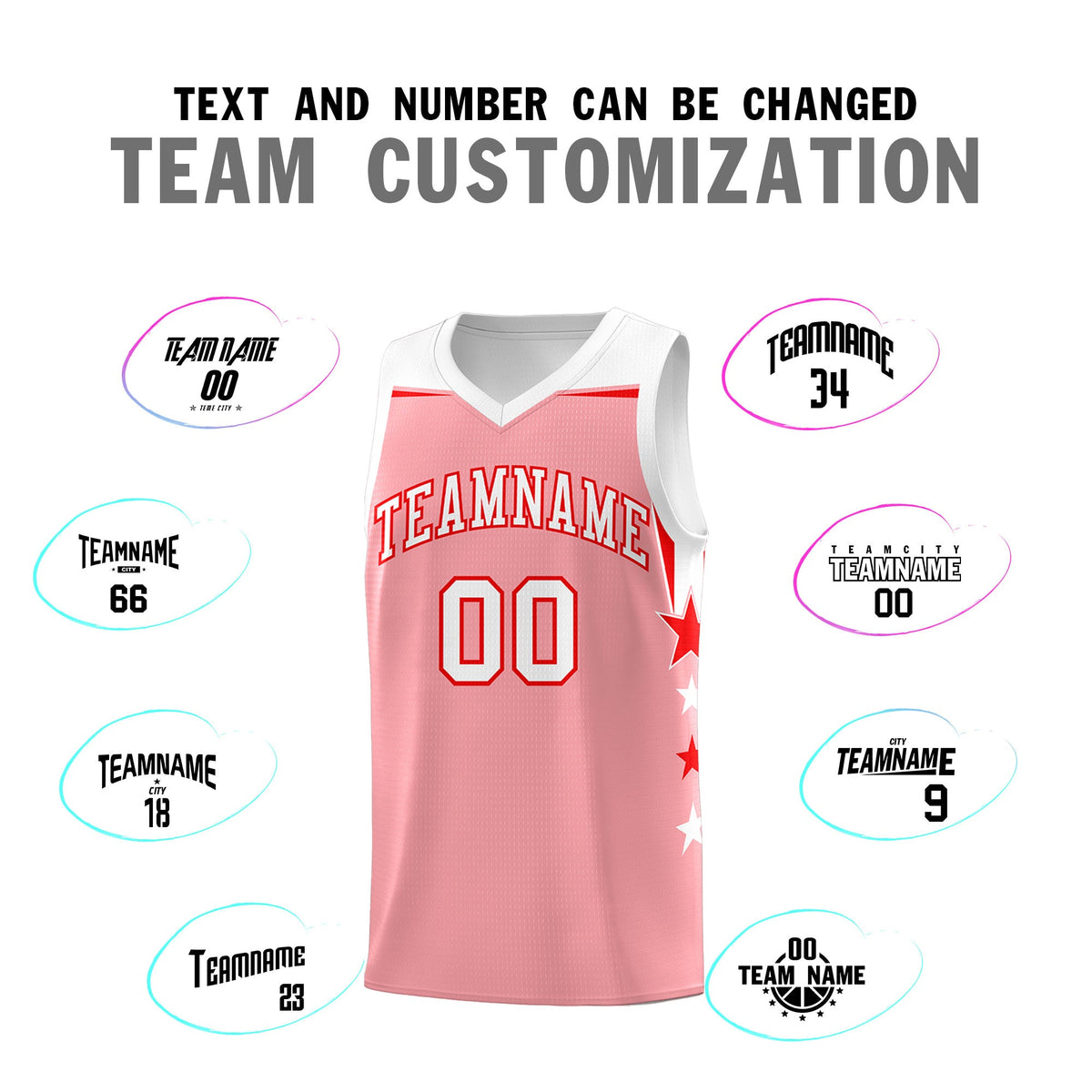 Custom Youth Basketball Uniform Light Pink White Two Tone Side Star Add Name Number &amp; Logo