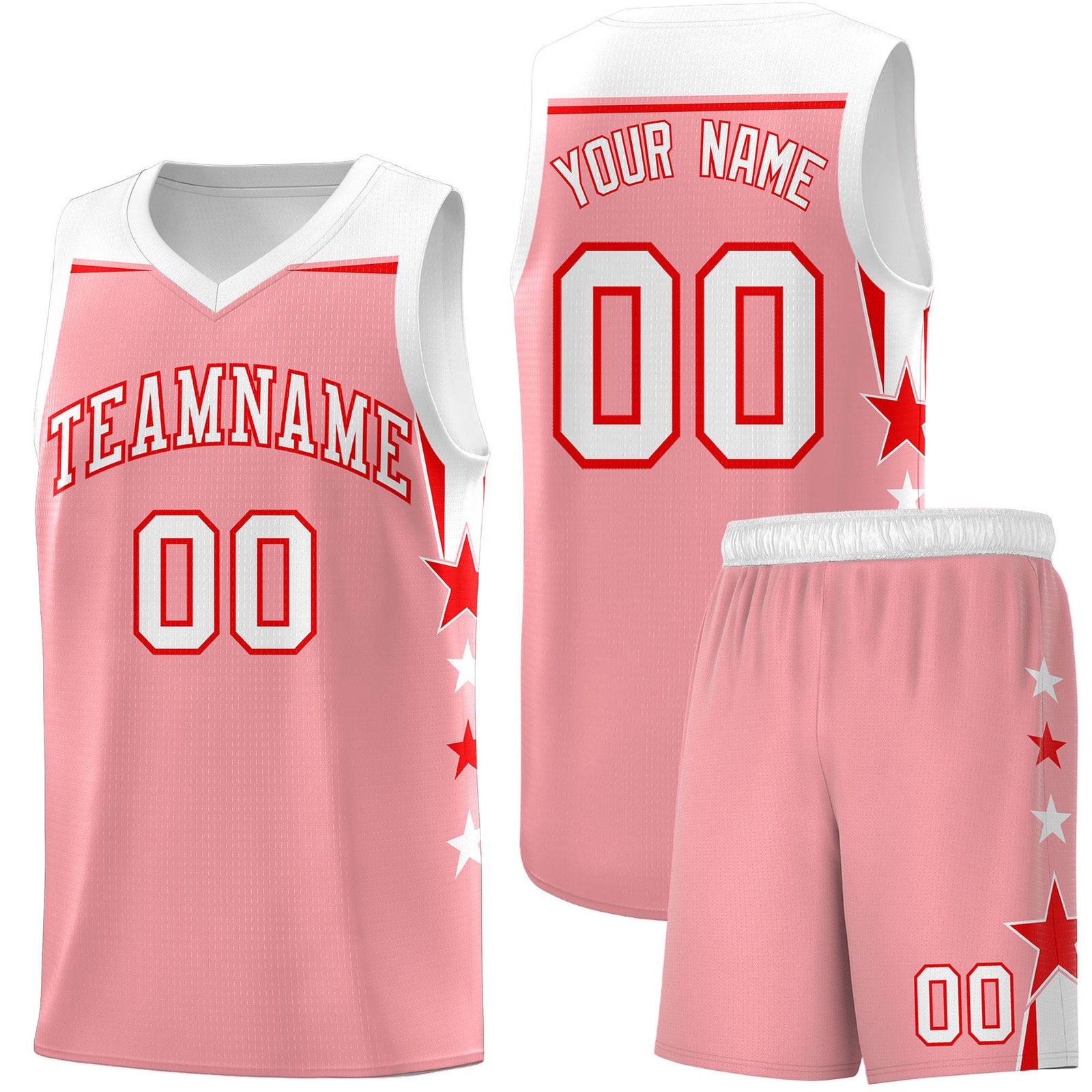 Custom Youth Basketball Uniform Light Pink White Two Tone Side Star Add Name Number & Logo