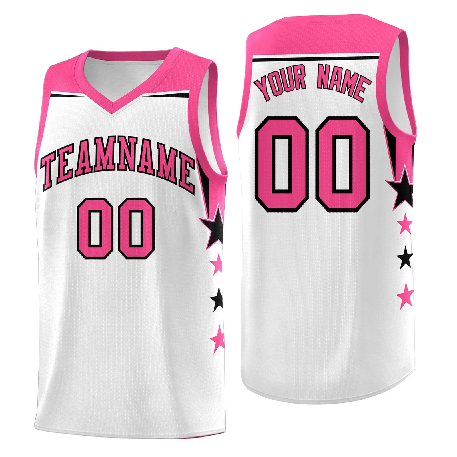 Custom Youth Basketball Uniform White Pink Two Tone Side Star Color Block Team Jersey
