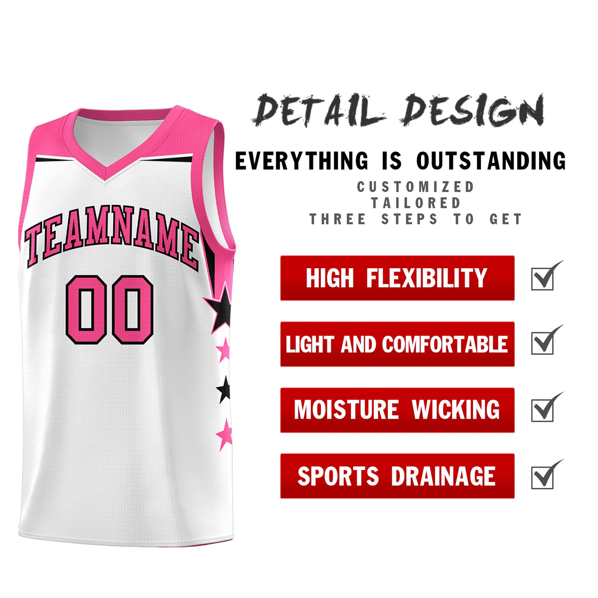 Custom Youth Basketball Uniform White Pink Two Tone Side Star Color Block Team Jersey