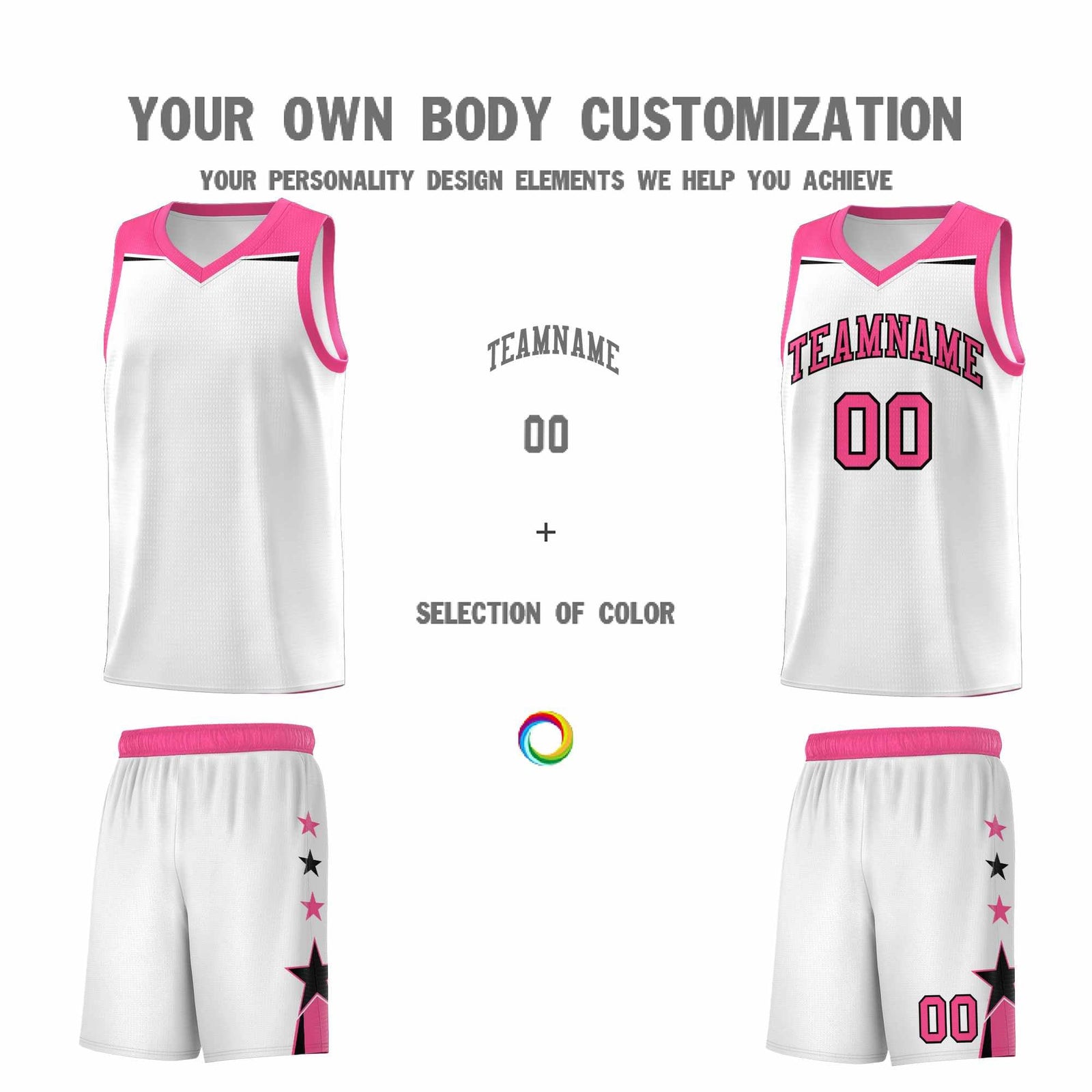 Custom Youth Basketball Uniform White Pink Two Tone Side Star Color Block Team Jersey