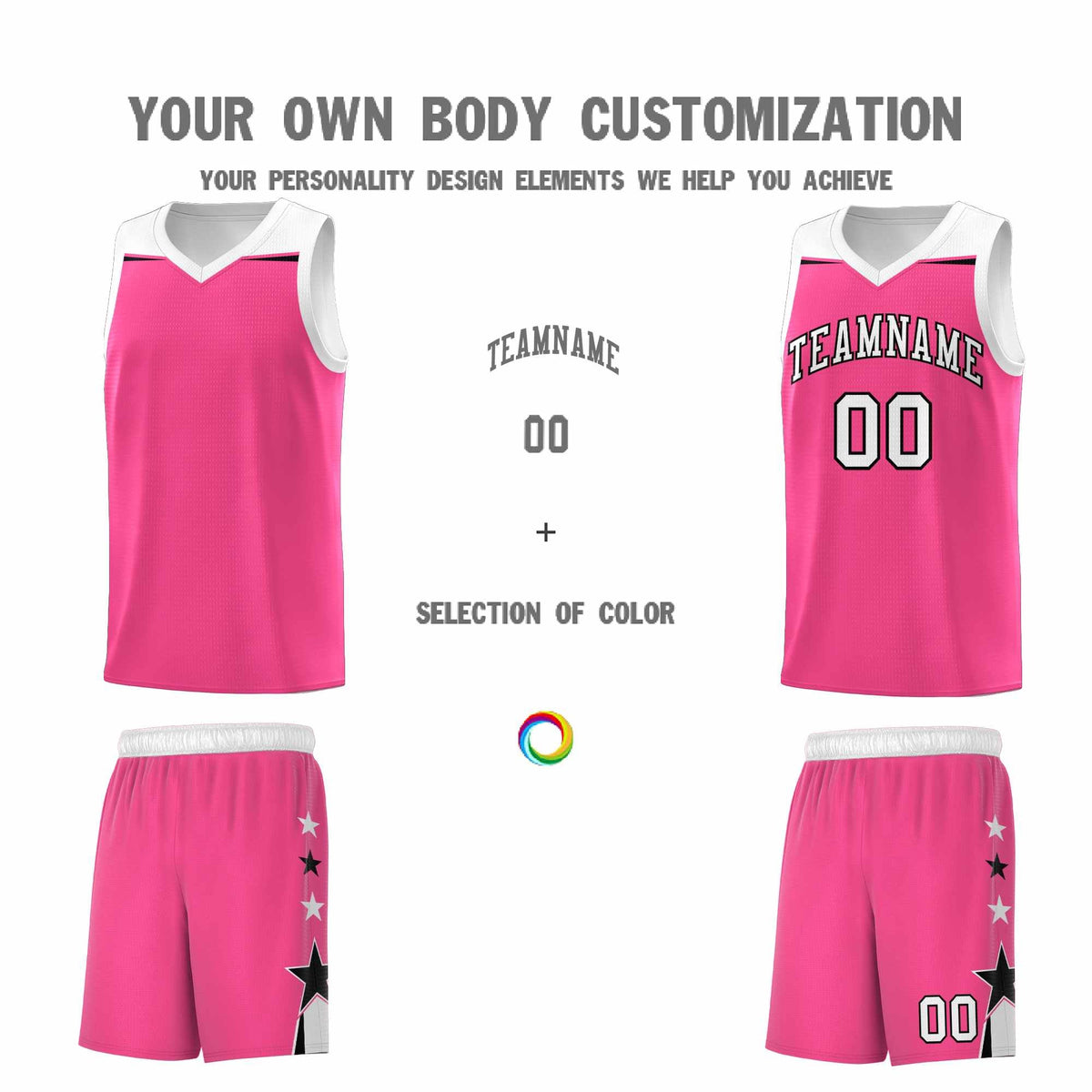 Custom Youth Basketball Uniform Pink White Two Tone Side Star Add Name Number &amp; Logo