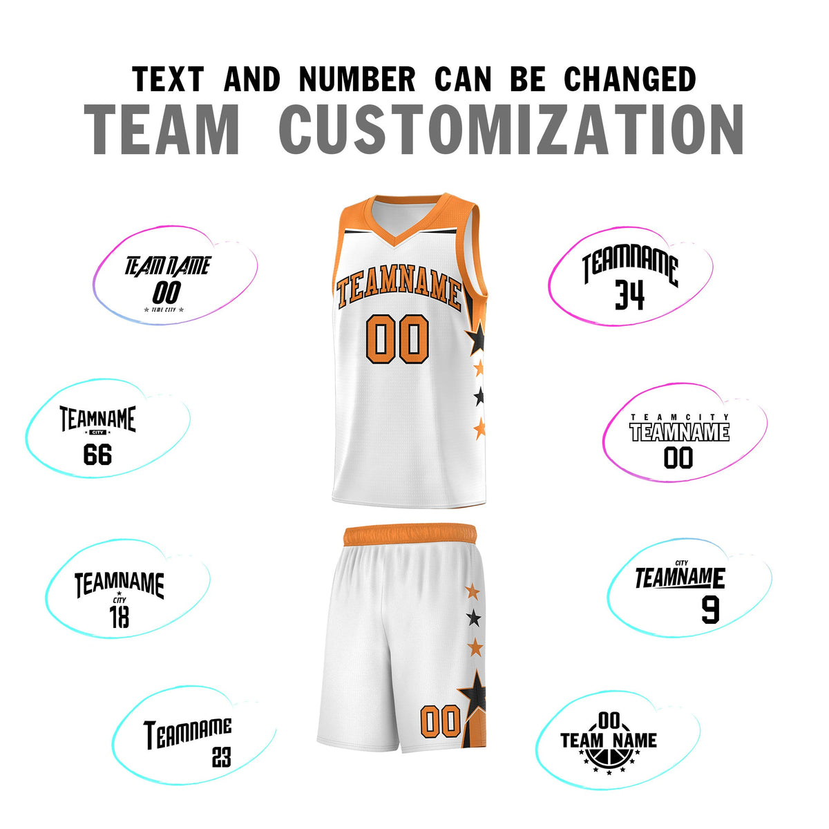 Custom Youth Basketball Uniform White Gold Orange Two Tone Side Star Color Block Team Jersey