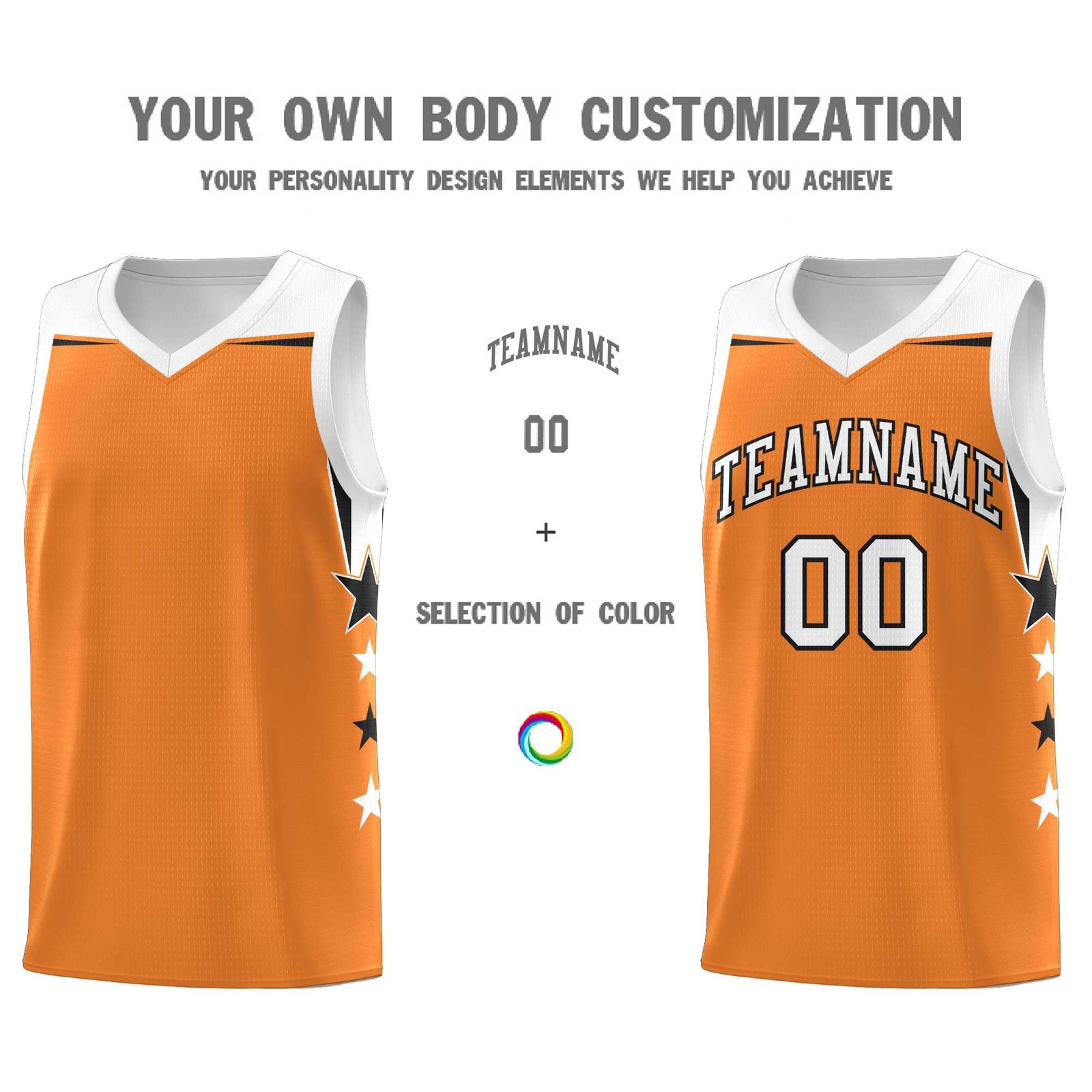 Custom Youth Basketball Uniform Gold Orange White Two Tone Side Star Add Name Number & Logo