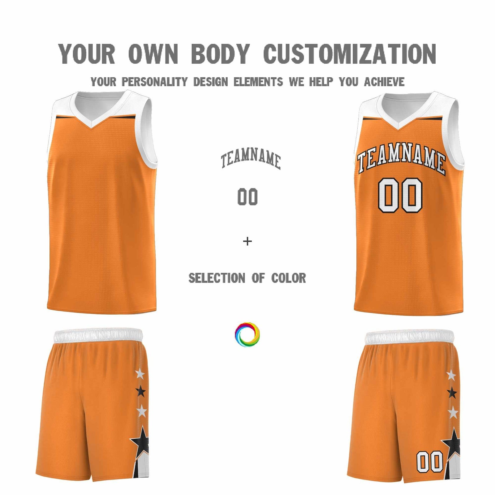 Custom Youth Basketball Uniform Gold Orange White Two Tone Side Star Add Name Number & Logo