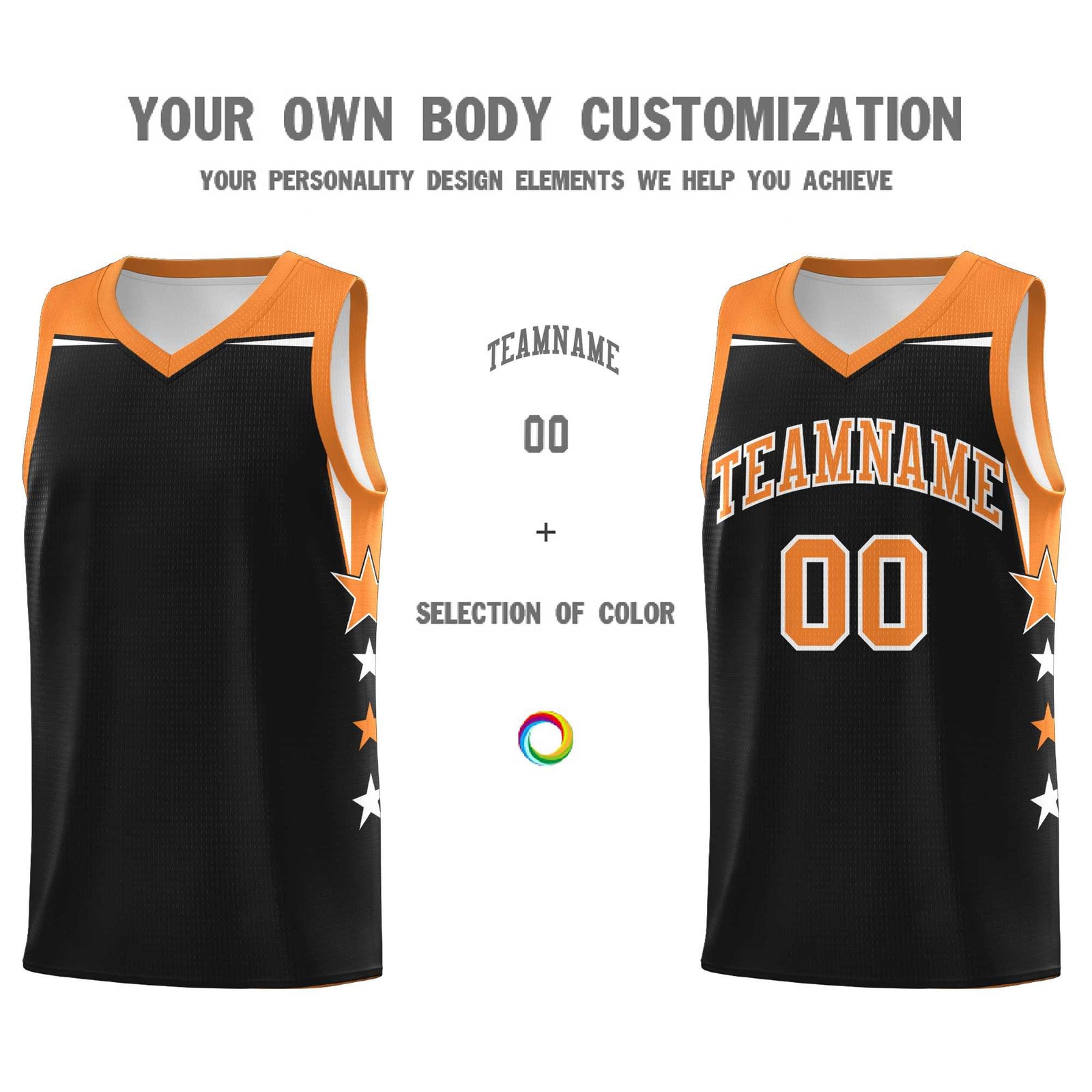 Custom Youth Basketball Uniform Black Gold Orange Two Tone Side Star Personalized Team Jersey