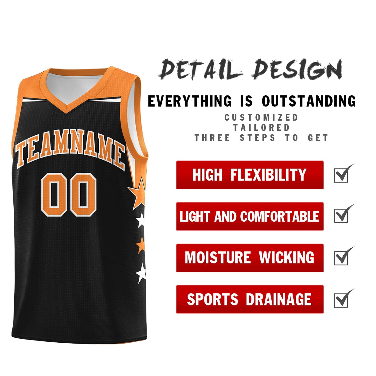 Custom Youth Basketball Uniform Black Gold Orange Two Tone Side Star Personalized Team Jersey