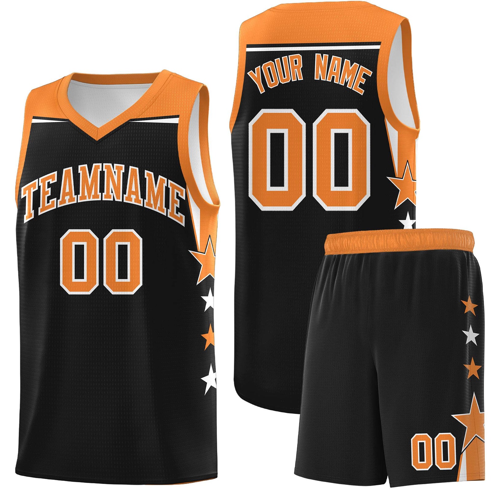 Custom Youth Basketball Uniform Black Gold Orange Two Tone Side Star Personalized Team Jersey