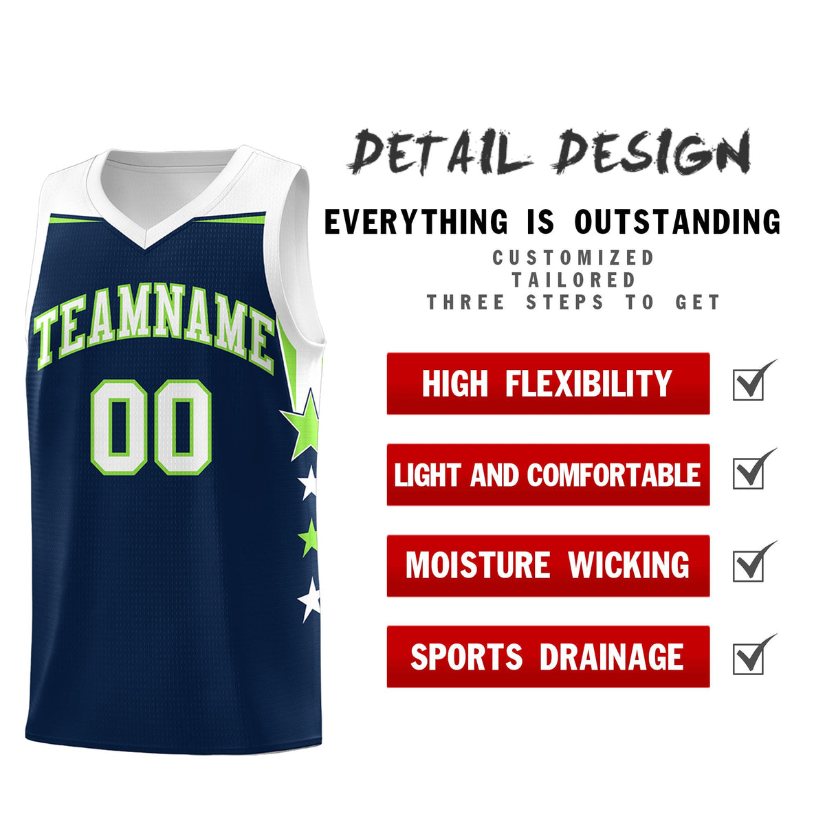 Custom Youth Basketball Uniform Navy White Two Tone Side Star Add Name Number &amp; Logo