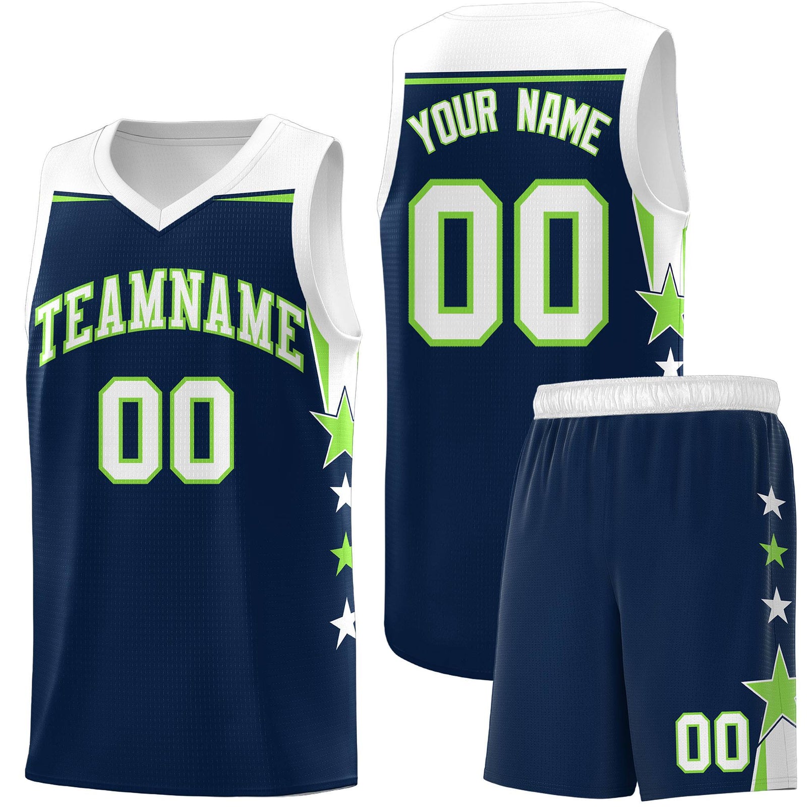 Custom Youth Basketball Uniform Navy White Two Tone Side Star Add Name Number & Logo