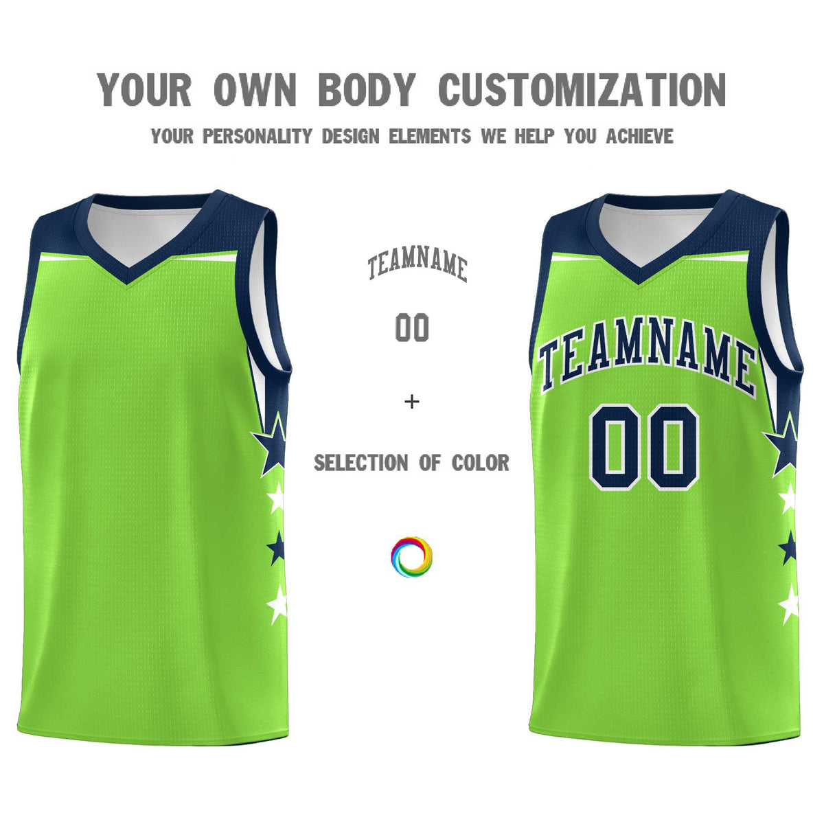 Custom Youth Basketball Uniform Fluorescent Green Navy Two Tone Side Star Personalized Team Jersey