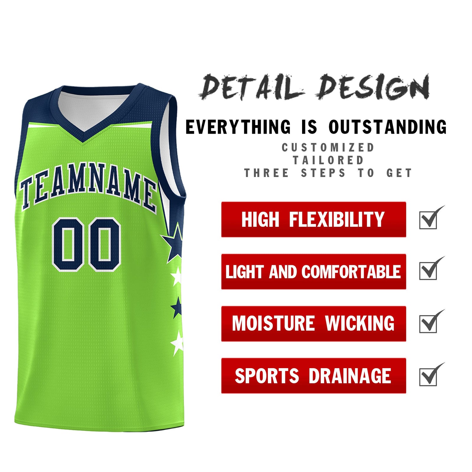 Custom Youth Basketball Uniform Fluorescent Green Navy Two Tone Side Star Personalized Team Jersey