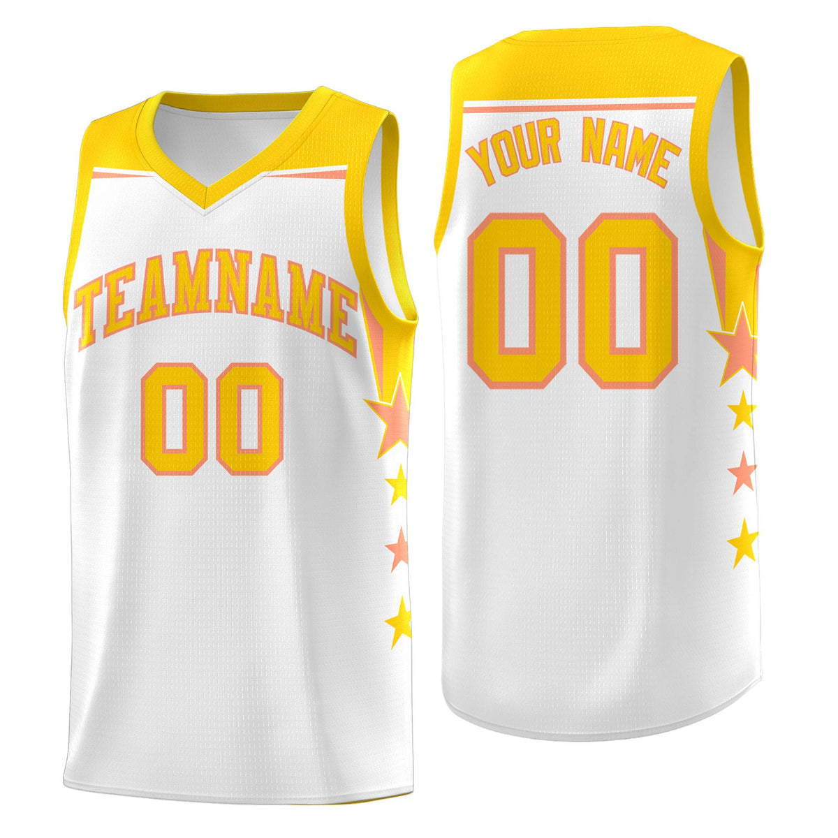 Custom Youth Basketball Uniform White Gold Two Tone Side Star Add Name Number &amp; Logo