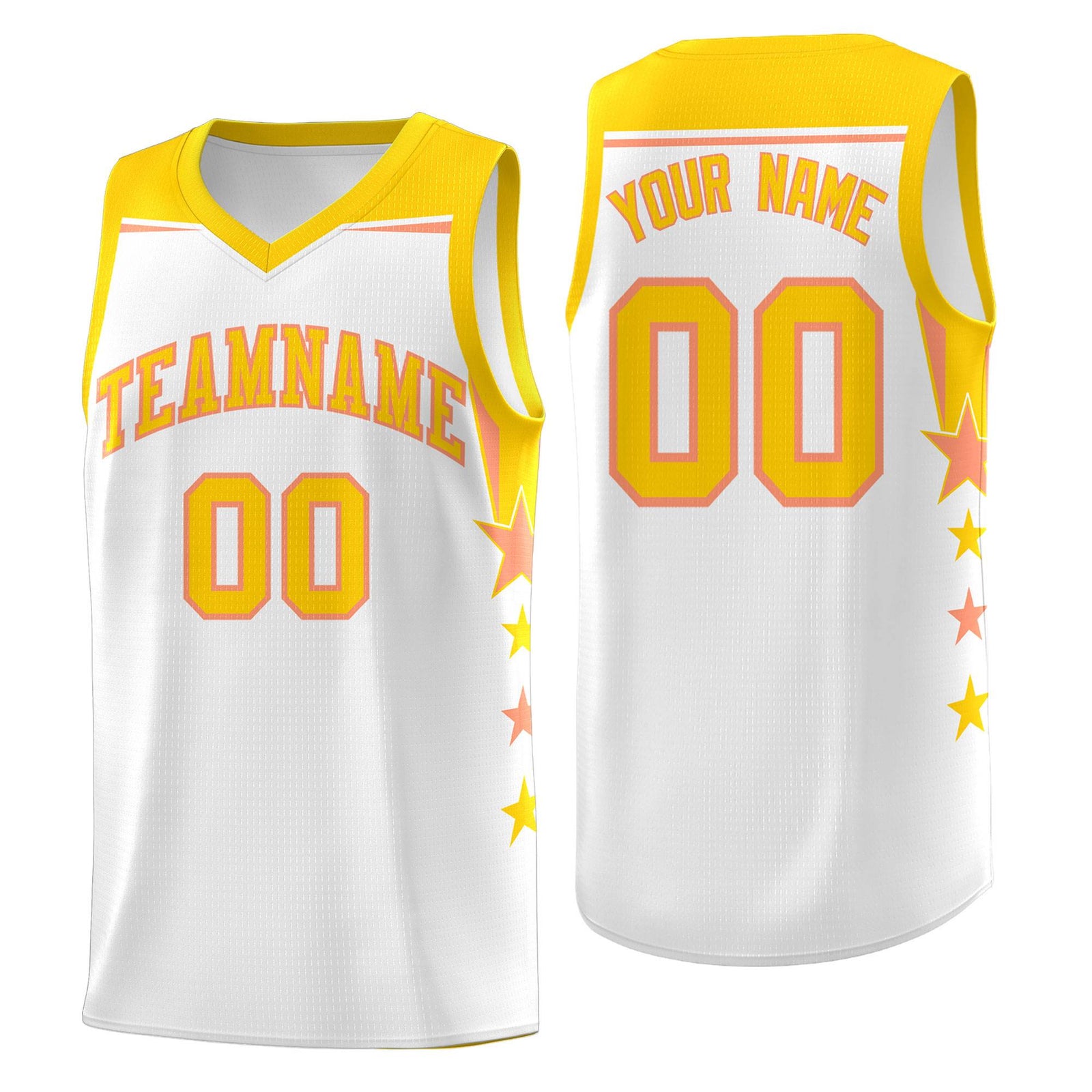 Custom Youth Basketball Uniform White Gold Two Tone Side Star Add Name Number & Logo