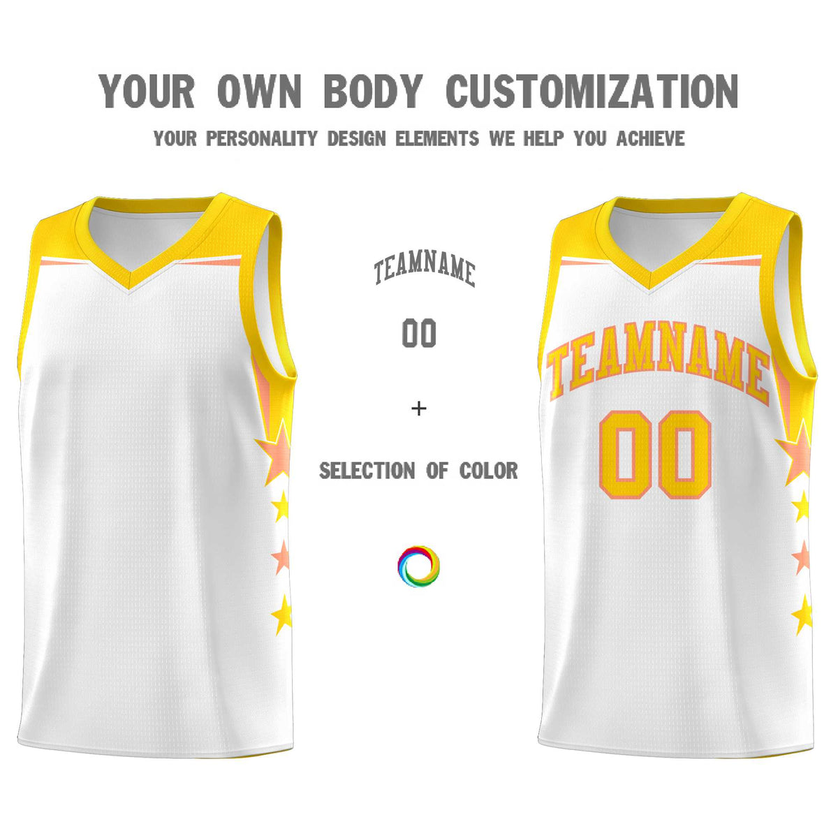 Custom Youth Basketball Uniform White Gold Two Tone Side Star Add Name Number &amp; Logo