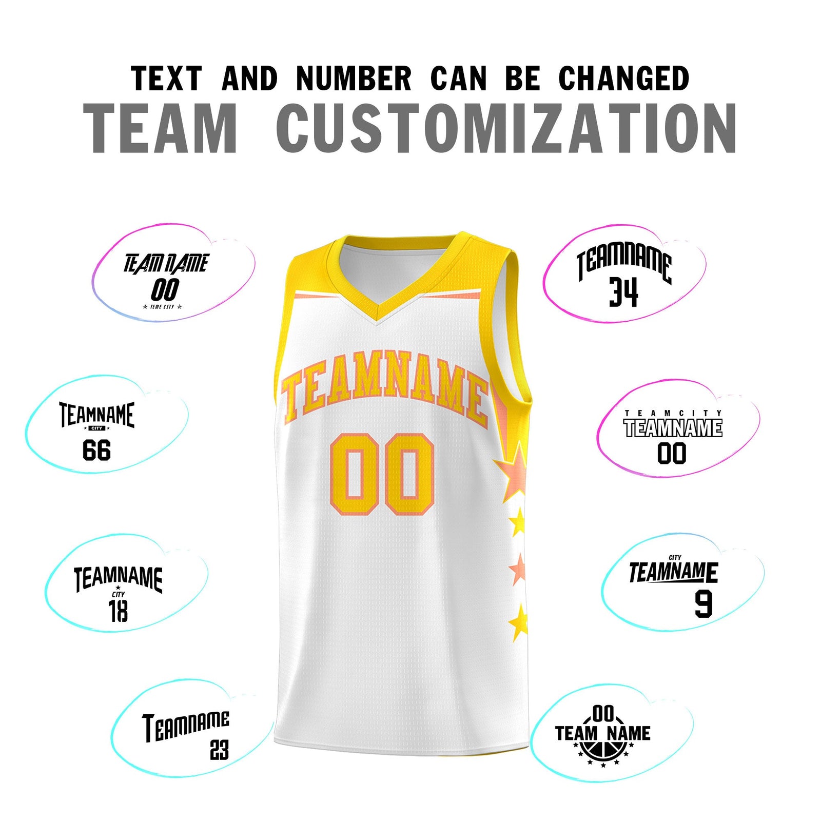Custom Youth Basketball Uniform White Gold Two Tone Side Star Add Name Number & Logo