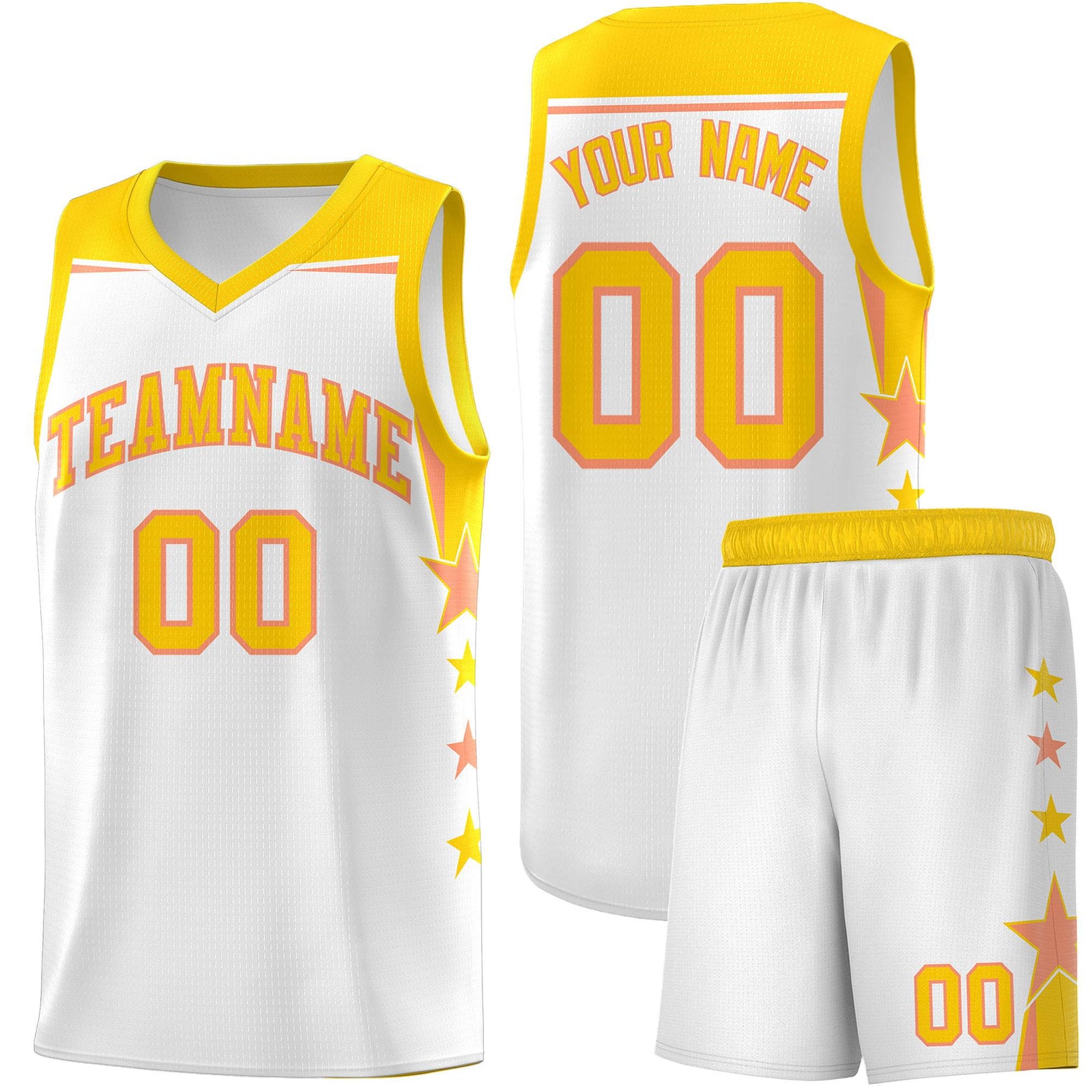 Custom Youth Basketball Uniform White Gold Two Tone Side Star Add Name Number & Logo