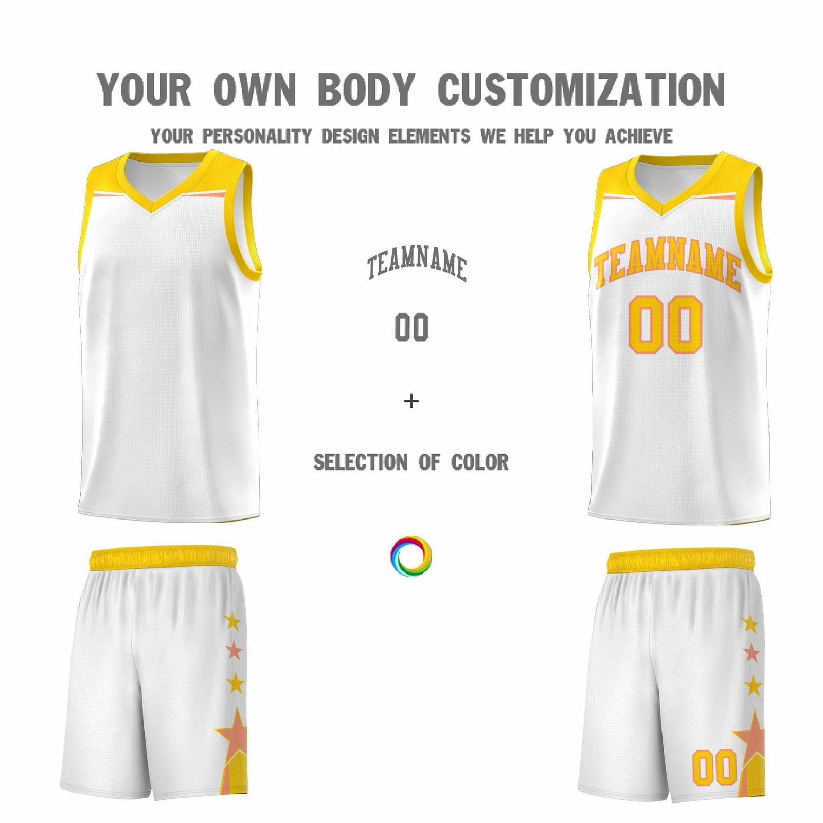 Custom Youth Basketball Uniform White Gold Two Tone Side Star Add Name Number & Logo
