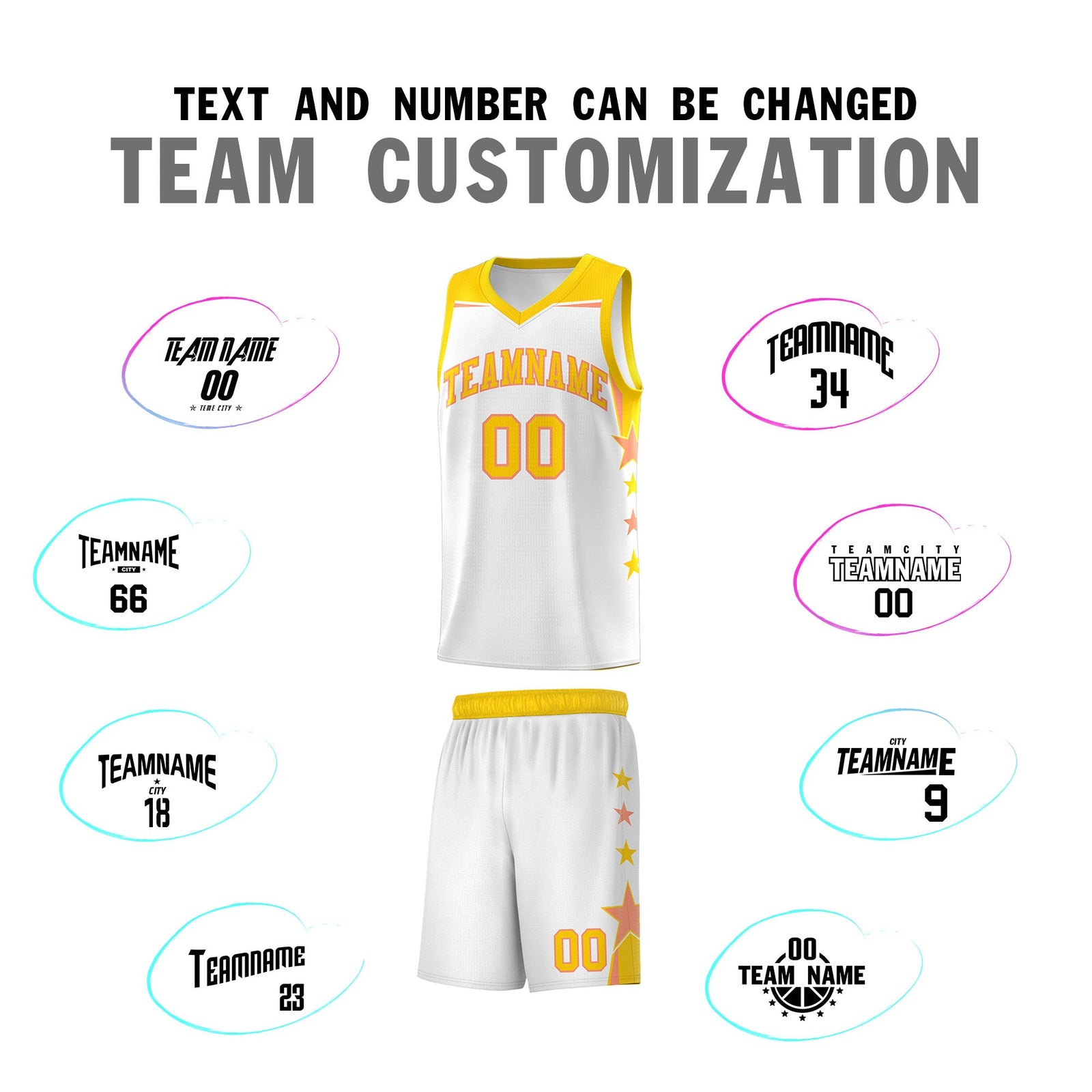 Custom Youth Basketball Uniform White Gold Two Tone Side Star Add Name Number & Logo