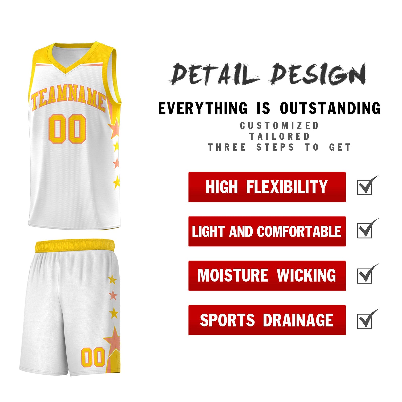 Custom Youth Basketball Uniform White Gold Two Tone Side Star Add Name Number & Logo