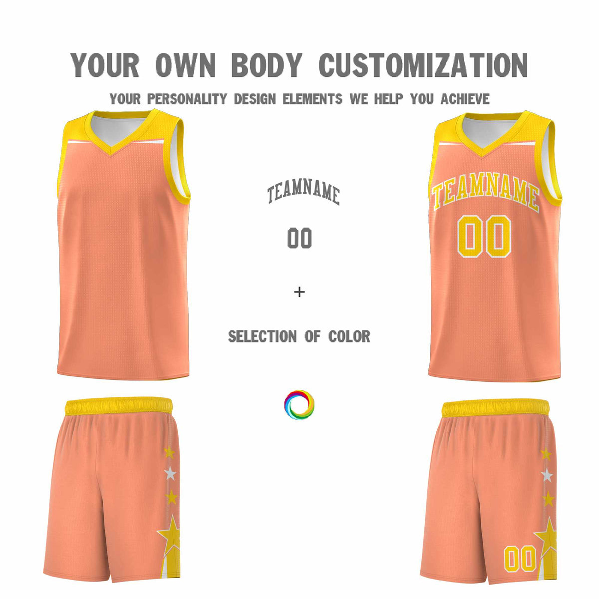 Custom Youth Basketball Uniform Light Orange Gold Two Tone Side Star Personalized Team Jersey