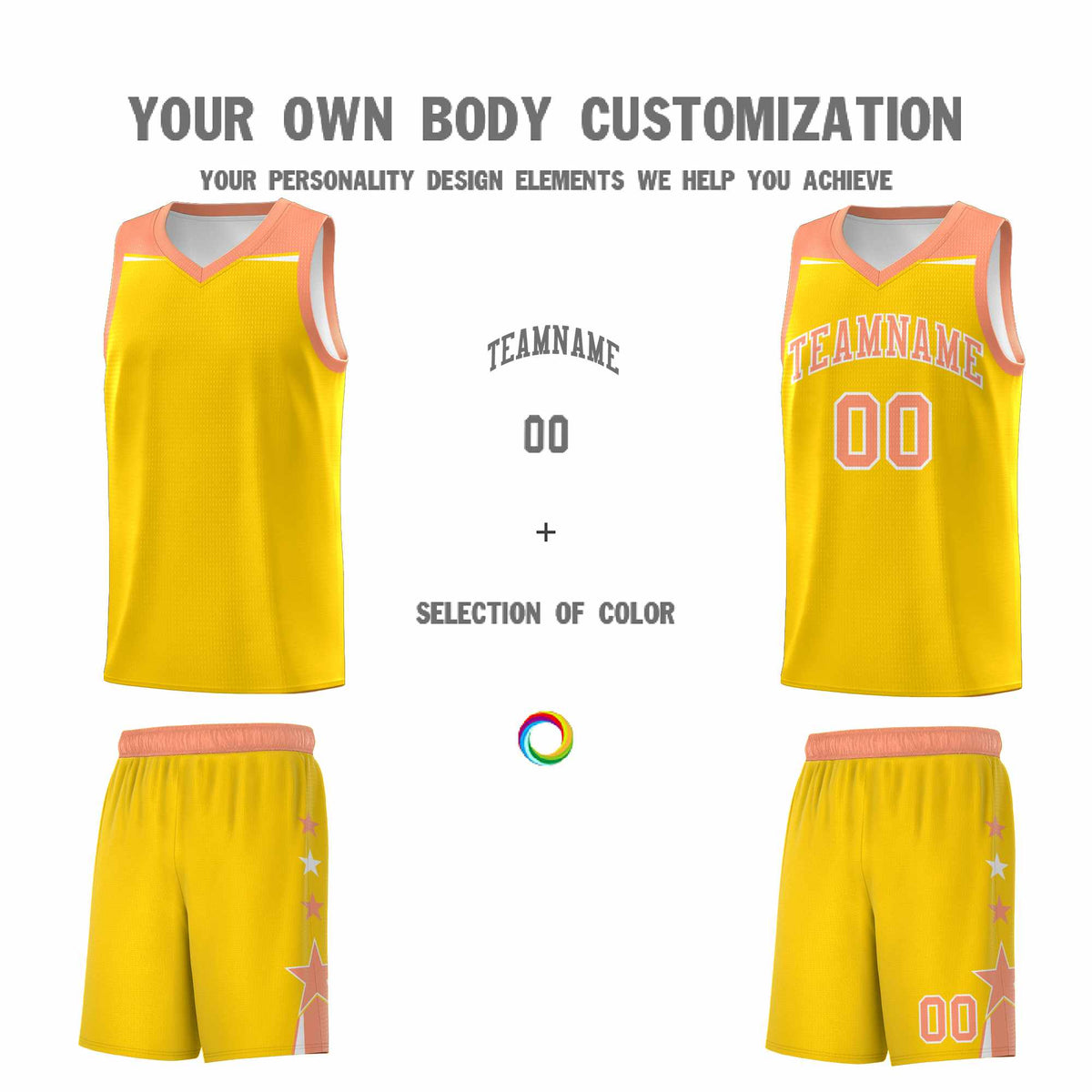 Custom Youth Basketball Uniform Gold Light Orange Two Tone Side Star Color Block Team Jersey