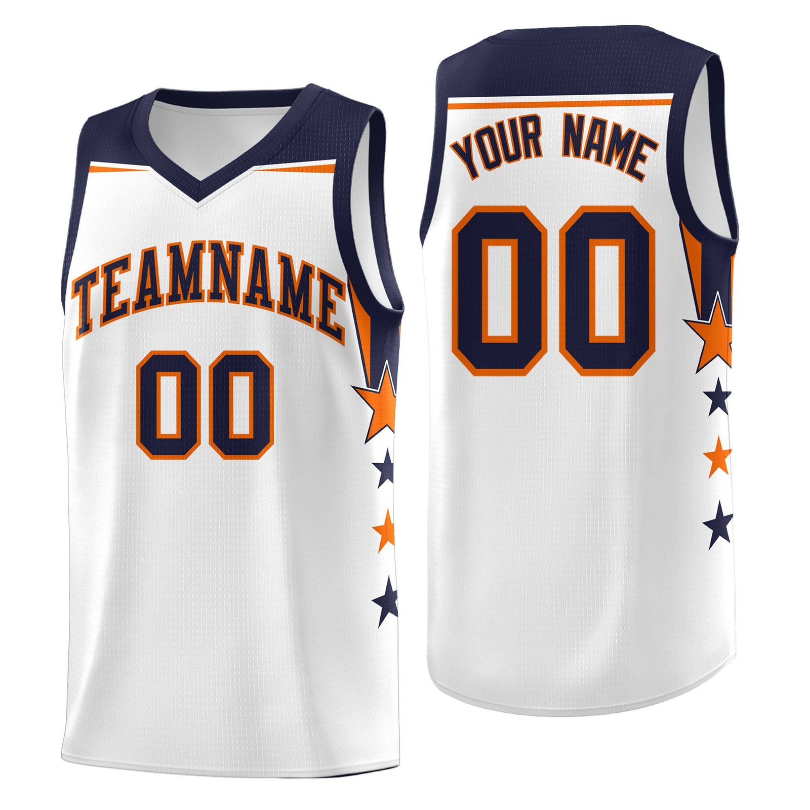 Custom Youth Basketball Uniform White Navy Two Tone Side Star Add Name Number & Logo