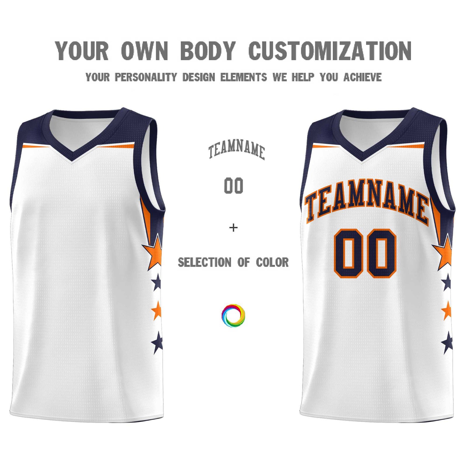 Custom Youth Basketball Uniform White Navy Two Tone Side Star Add Name Number & Logo