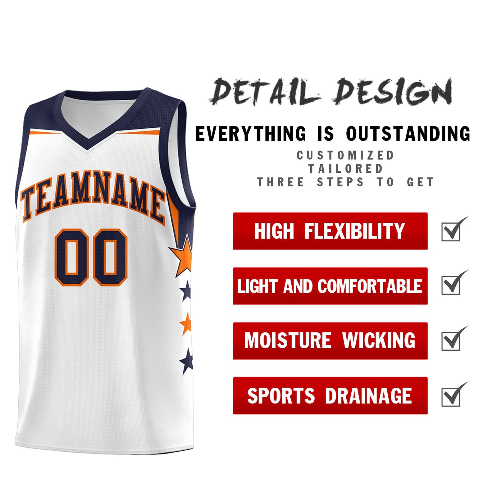 Custom Youth Basketball Uniform White Navy Two Tone Side Star Add Name Number & Logo