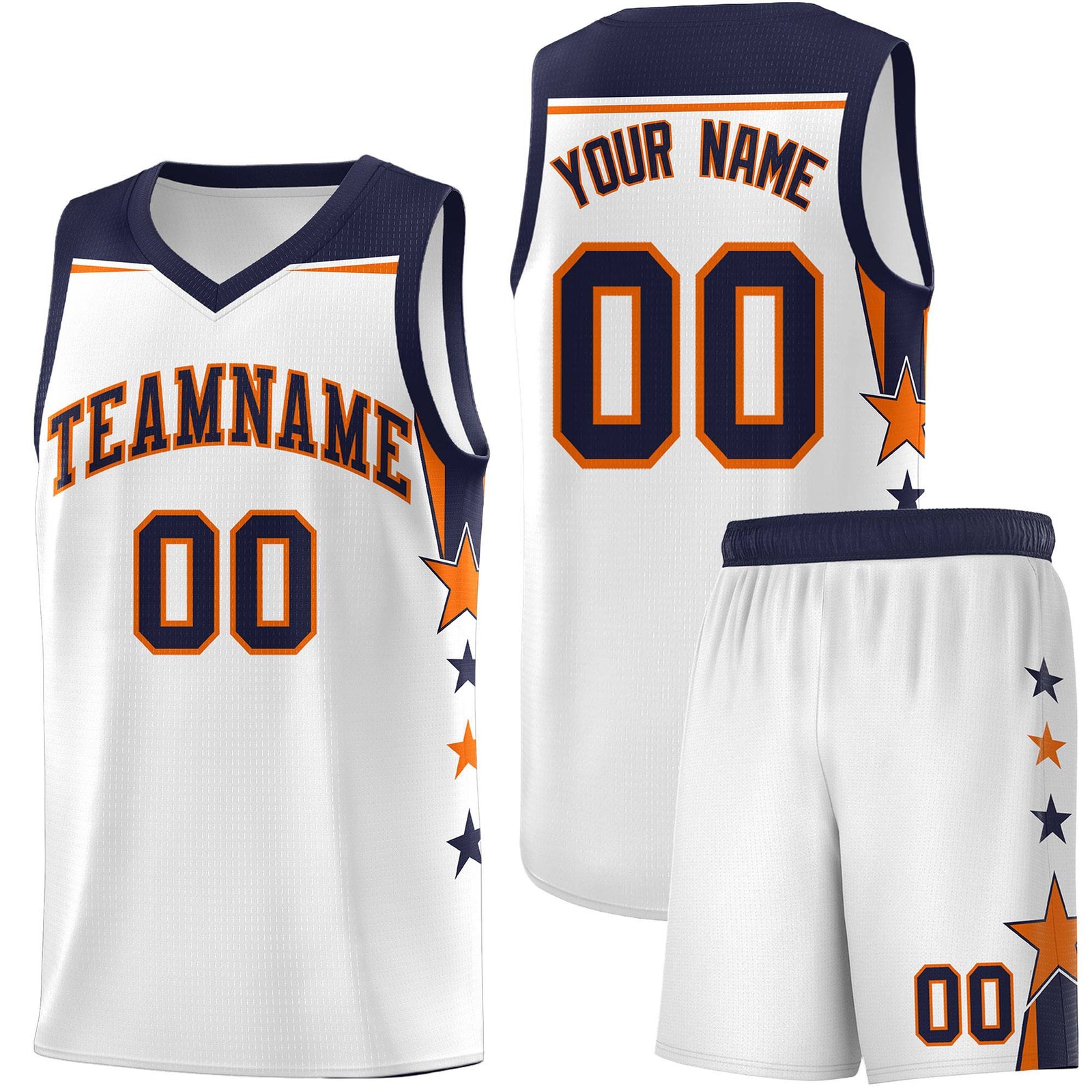Custom Youth Basketball Uniform White Navy Two Tone Side Star Add Name Number & Logo