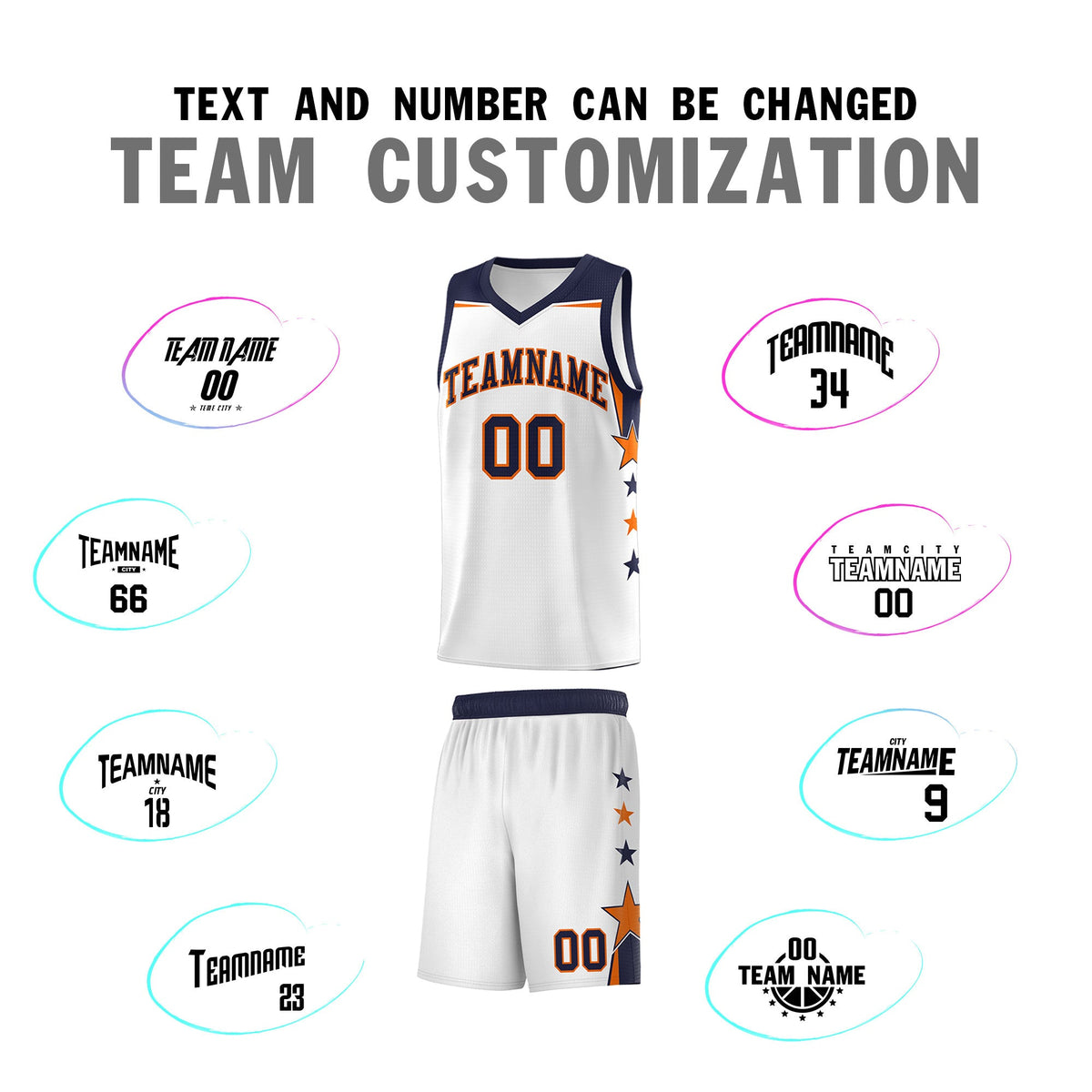 Custom Youth Basketball Uniform White Navy Two Tone Side Star Add Name Number &amp; Logo