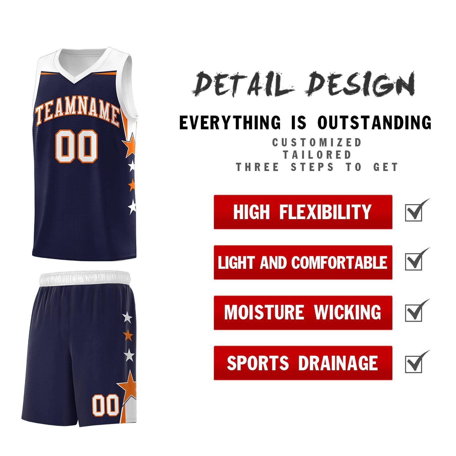 Custom Youth Basketball Uniform Navy White Two Tone Side Star Personalized Team Jersey