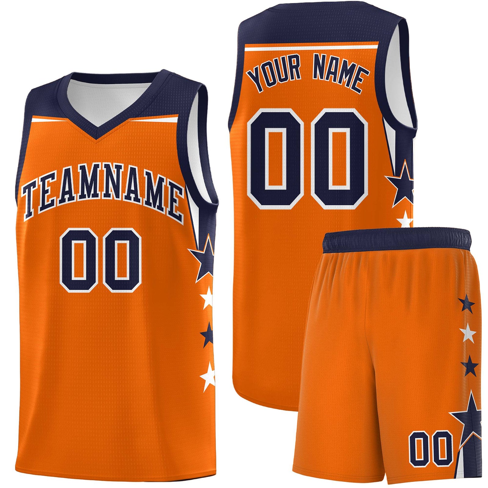 Custom Youth Basketball Uniform Orange Navy Two Tone Side Star Color Block Team Jersey
