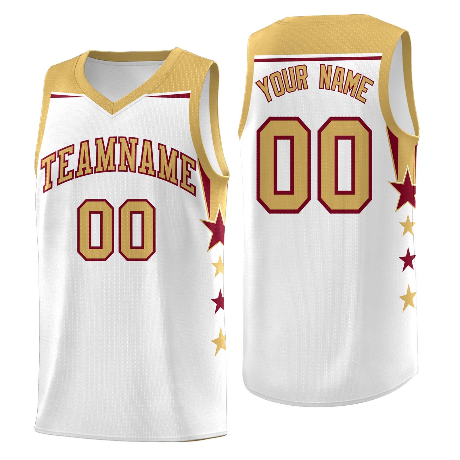 Custom Youth Basketball Uniform White Old Gold Two Tone Side Star Add Name Number & Logo