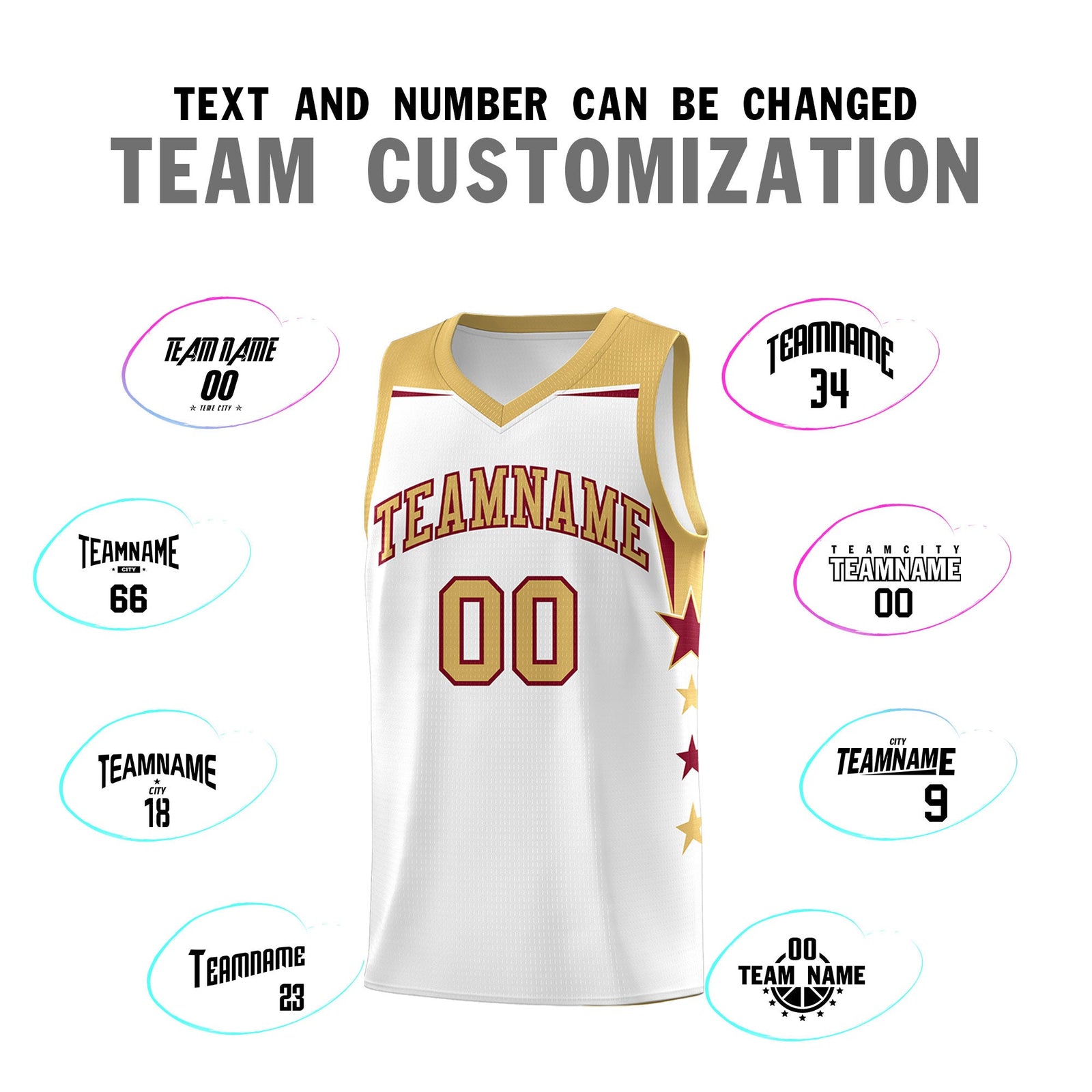 Custom Youth Basketball Uniform White Old Gold Two Tone Side Star Add Name Number & Logo