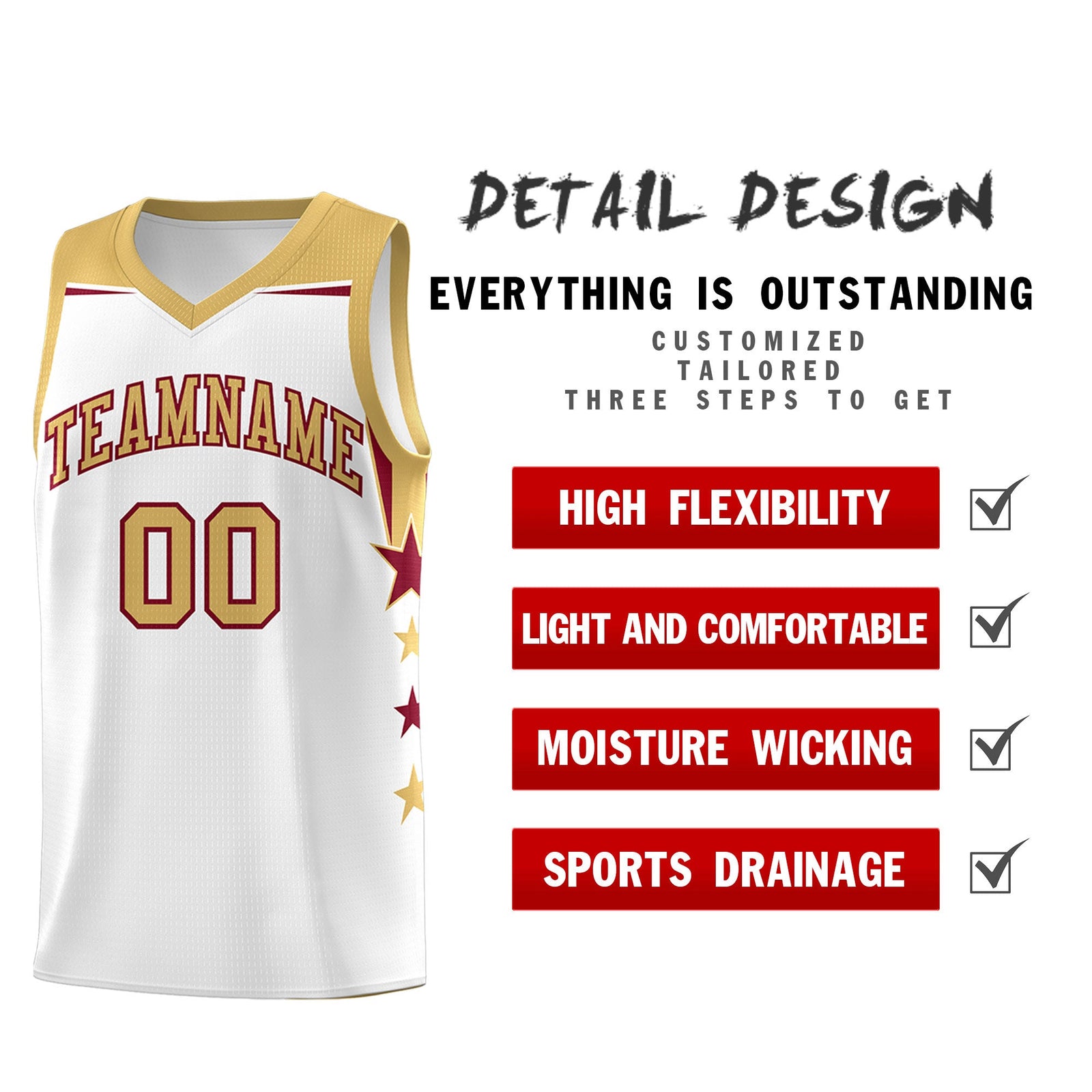 Custom Youth Basketball Uniform White Old Gold Two Tone Side Star Add Name Number & Logo