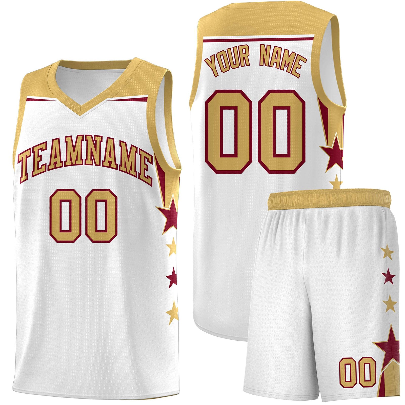 Custom Youth Basketball Uniform White Old Gold Two Tone Side Star Add Name Number & Logo