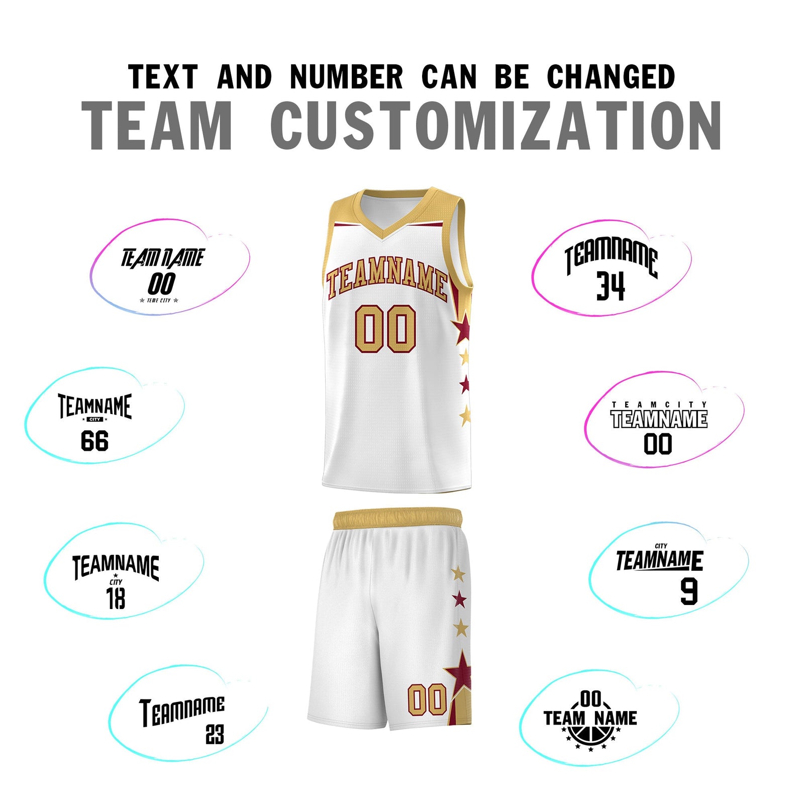 Custom Youth Basketball Uniform White Old Gold Two Tone Side Star Add Name Number & Logo