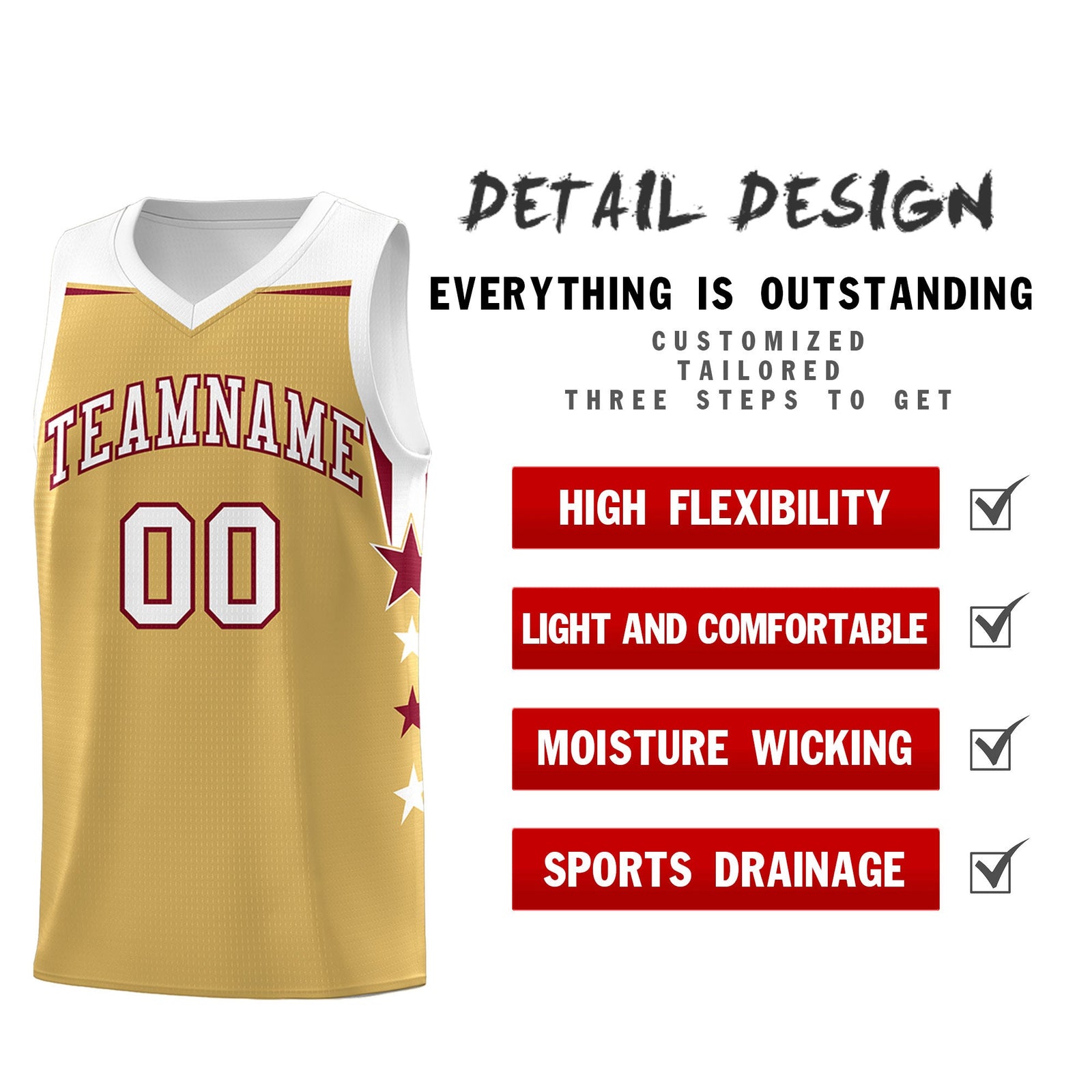 Custom Youth Basketball Uniform Old Gold White Two Tone Side Star Personalized Team Jersey
