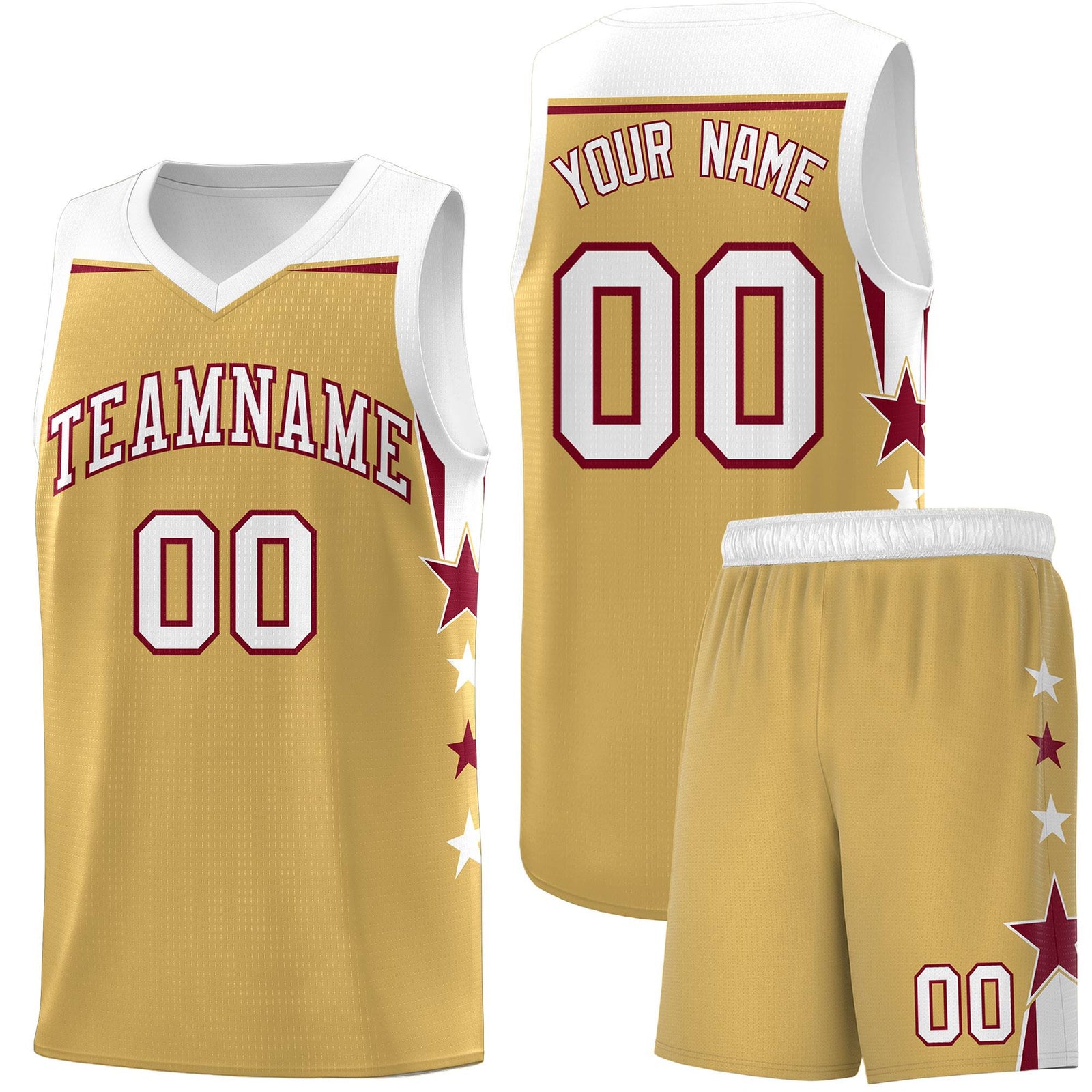 Custom Youth Basketball Uniform Old Gold White Two Tone Side Star Personalized Team Jersey
