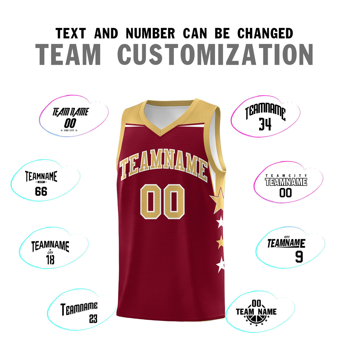 Custom Youth Basketball Uniform Crimson Old Gold Two Tone Side Star Color Block Team Jersey
