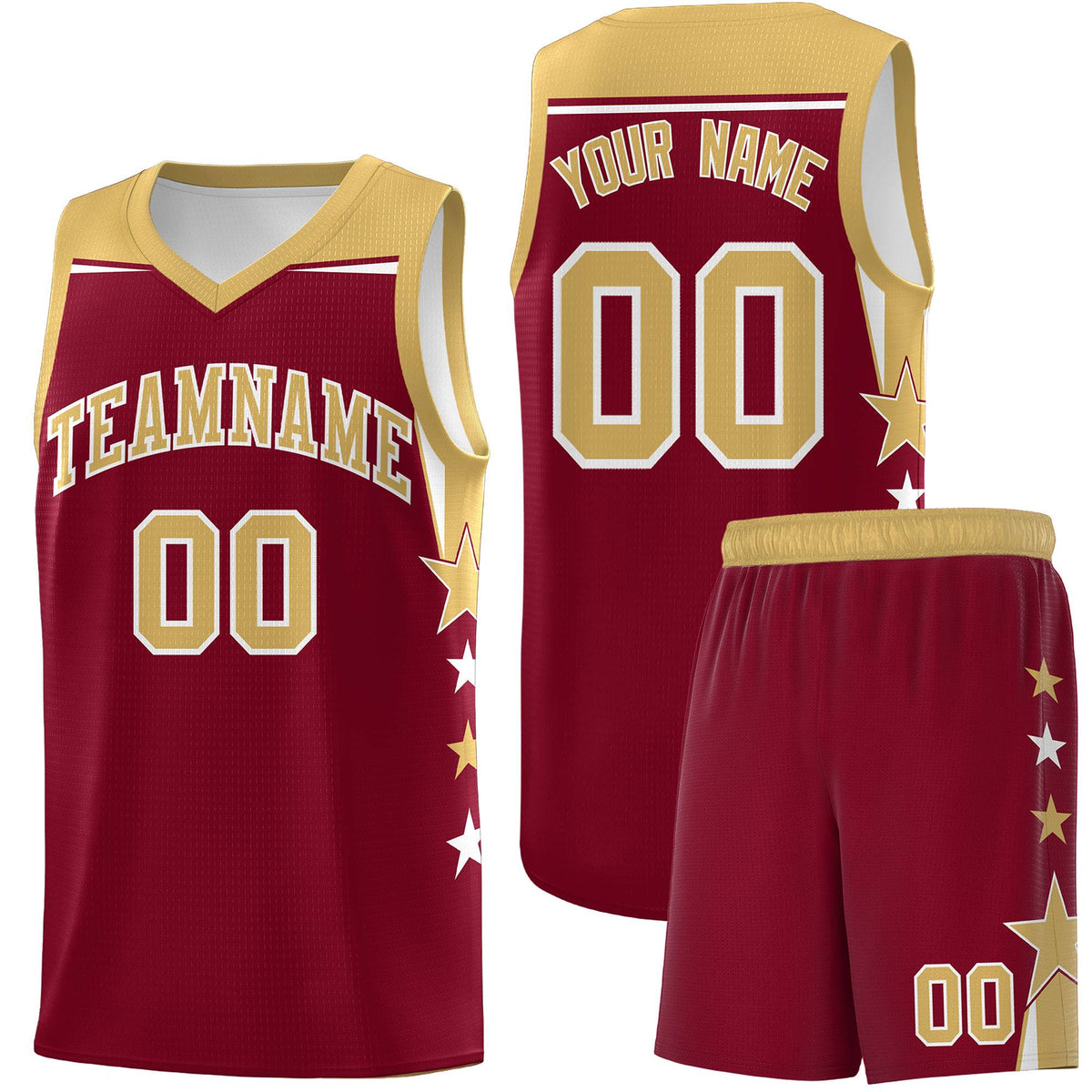 Custom Youth Basketball Uniform Crimson Old Gold Two Tone Side Star Color Block Team Jersey