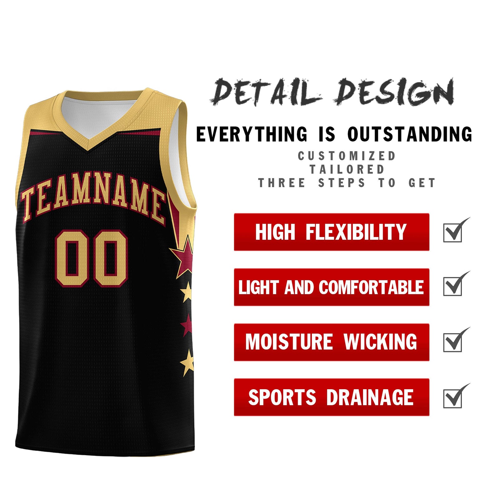 Custom Youth Basketball Uniform Black Old Gold Two Tone Side Star Add Name Number & Logo